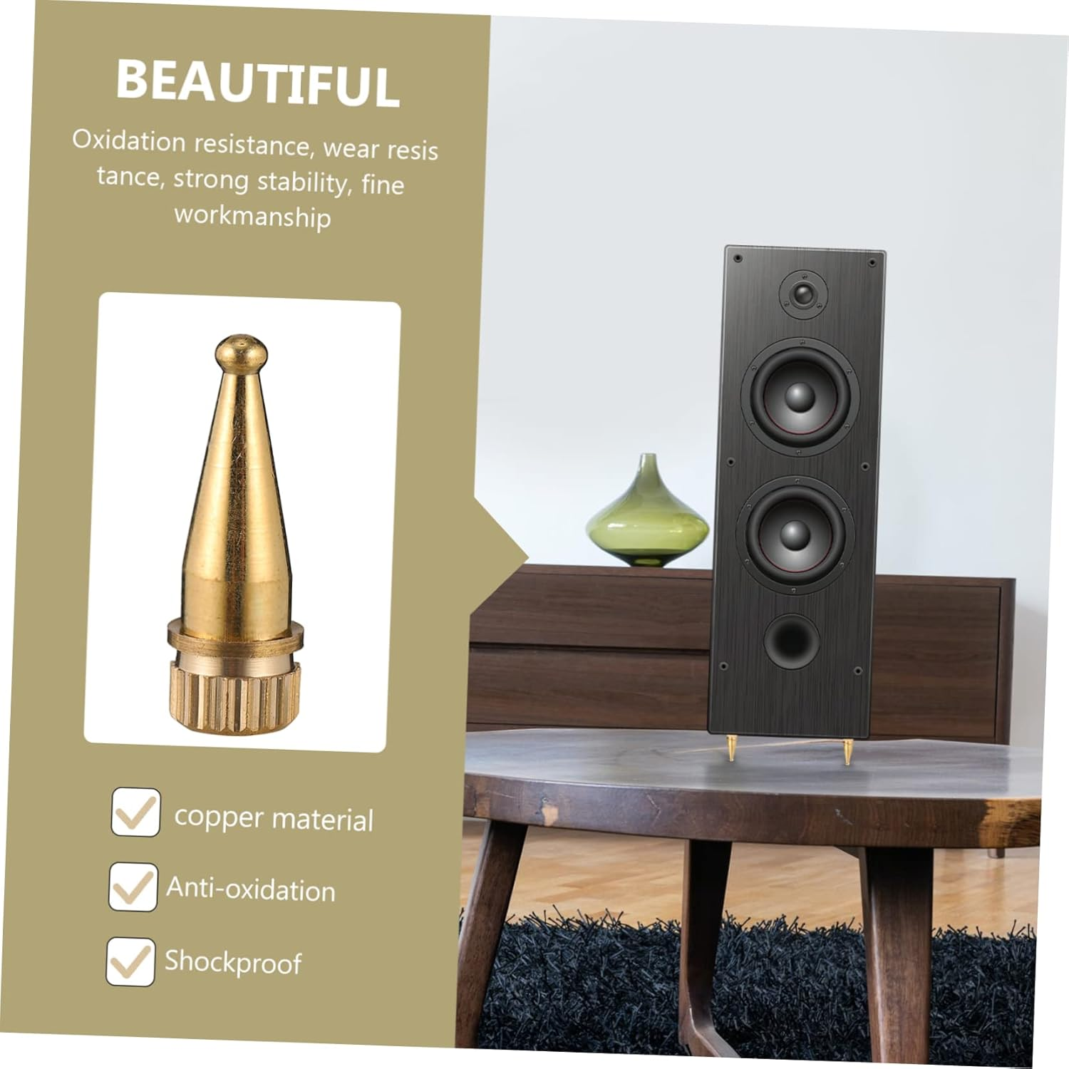 LAPYAPPE 4Pcs Copper Speaker Spikes Feet Pads for Floor Standing Audio Isolation Stand, Hifi Amplifier and Turntable Support, Gold Metal Vibration Absorber for Home Theater Use image number 4