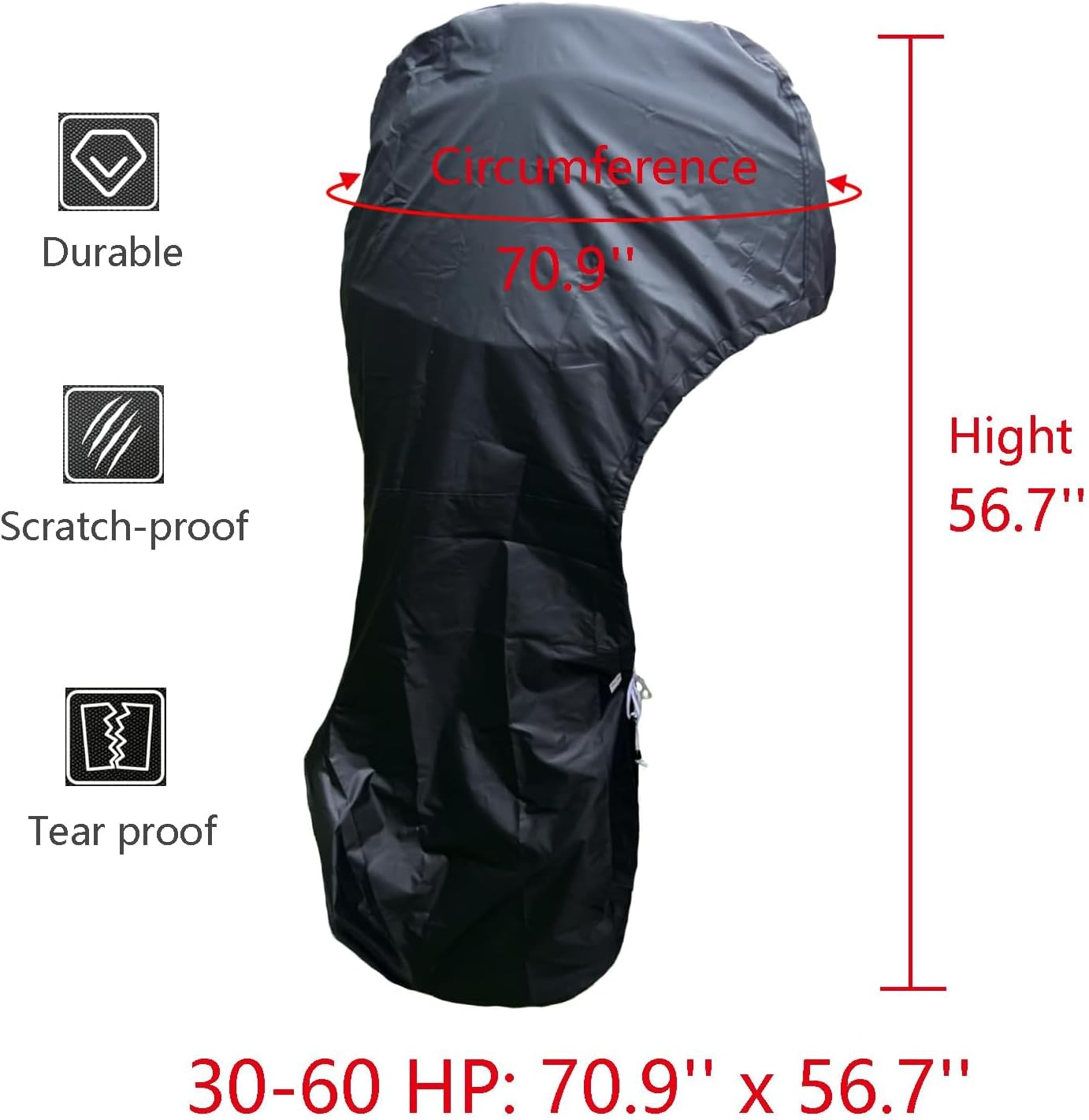 Outboard Motor Cover Fit 30-60 HP Motor, Full Boat Motor Cover Waterproof 420D Heavy Duty Oxford Fabric with PVC Coating, Windproof Outboard Engine Hood Covers with Zipper, Universal, Black image number 5