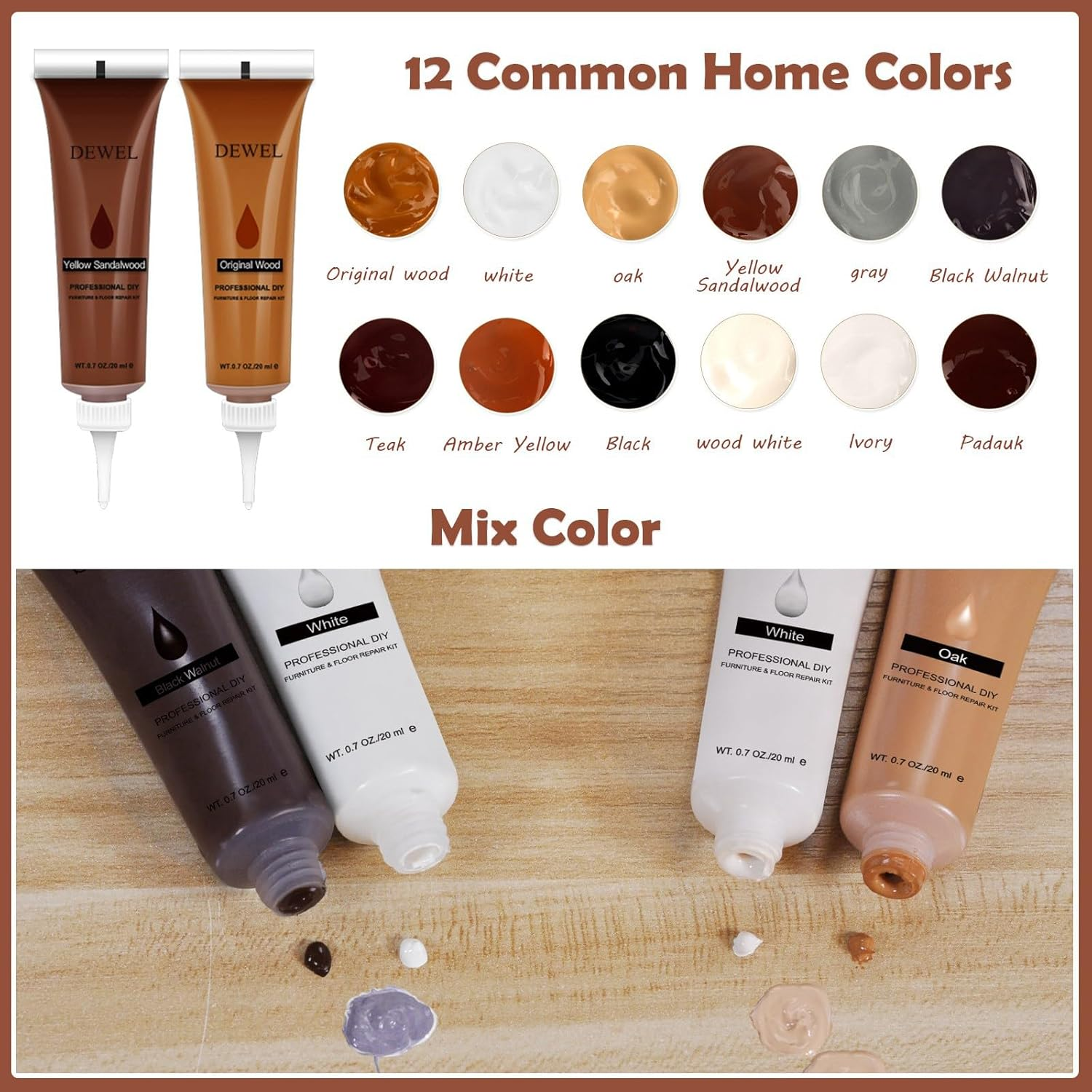 DEWEL Wood Furniture Repair Kit, 12 Colors Wood Fillers with Tools, Upgrade Furniture Fillers Touch up for Stains, Scratches, Wood Floors, Tables, Bedposts (Set of 16) image number 1
