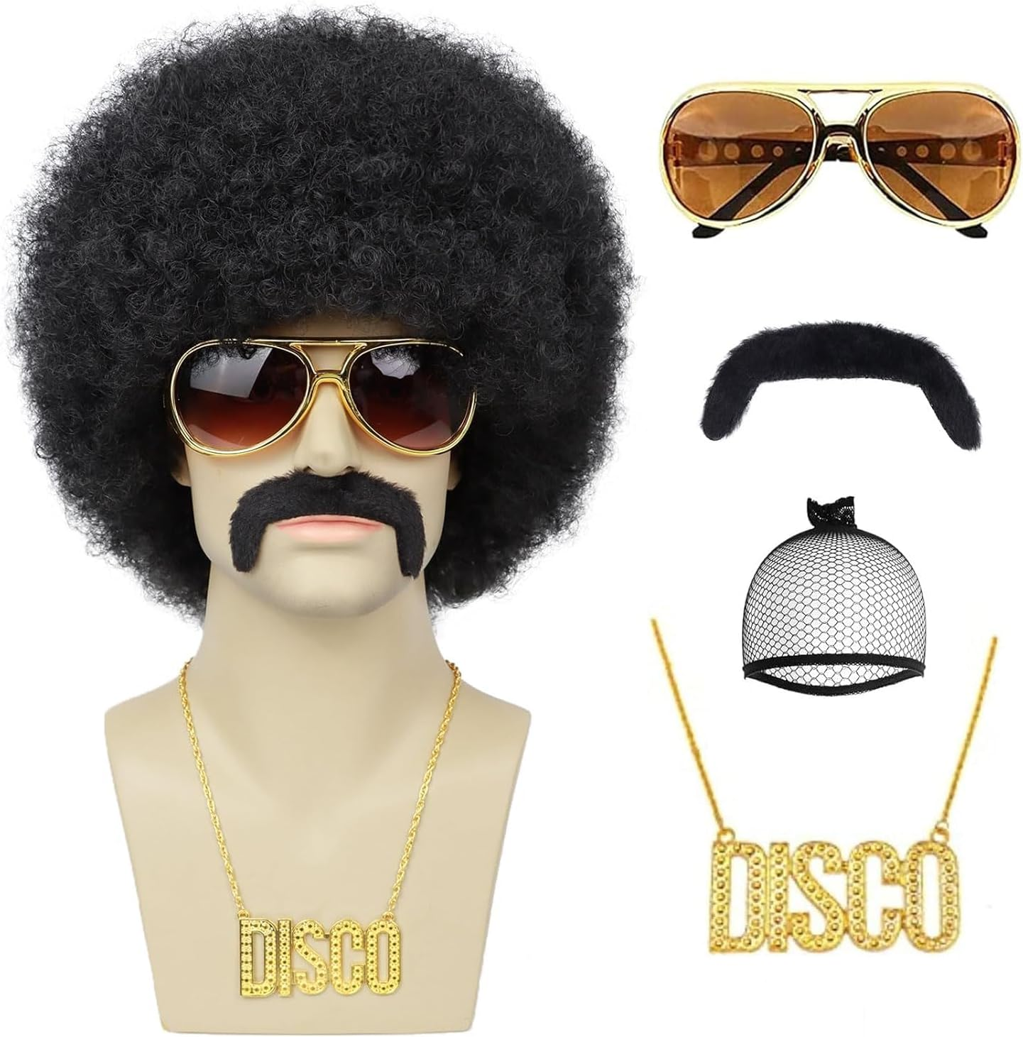 Mens Afro Wig Set for 70S Disco Party - 5Pcs (Glasses, Necklace, Mustache, Wig Cap) - Black image number 3