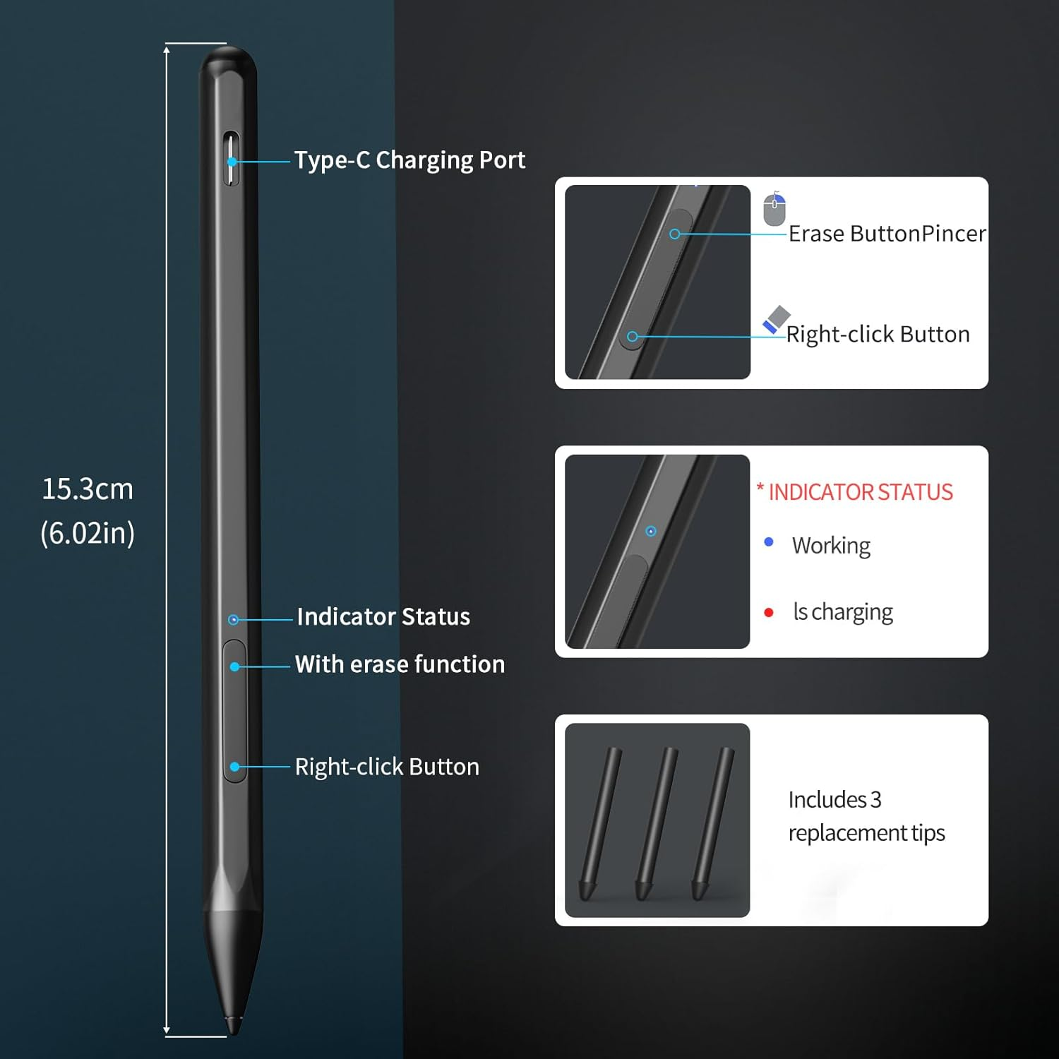 QUAGGY Stylus Pen for Microsoft Surface Pro 11/10/9/8/7/6/5/4/3/X Surface Laptop/Book/Surface Go3 Go2, 4096 Tilt Pressure, Magnetic Attachment, USB-C Fast Charging, Palm Rejection Function. (Black) - Blue image number 6