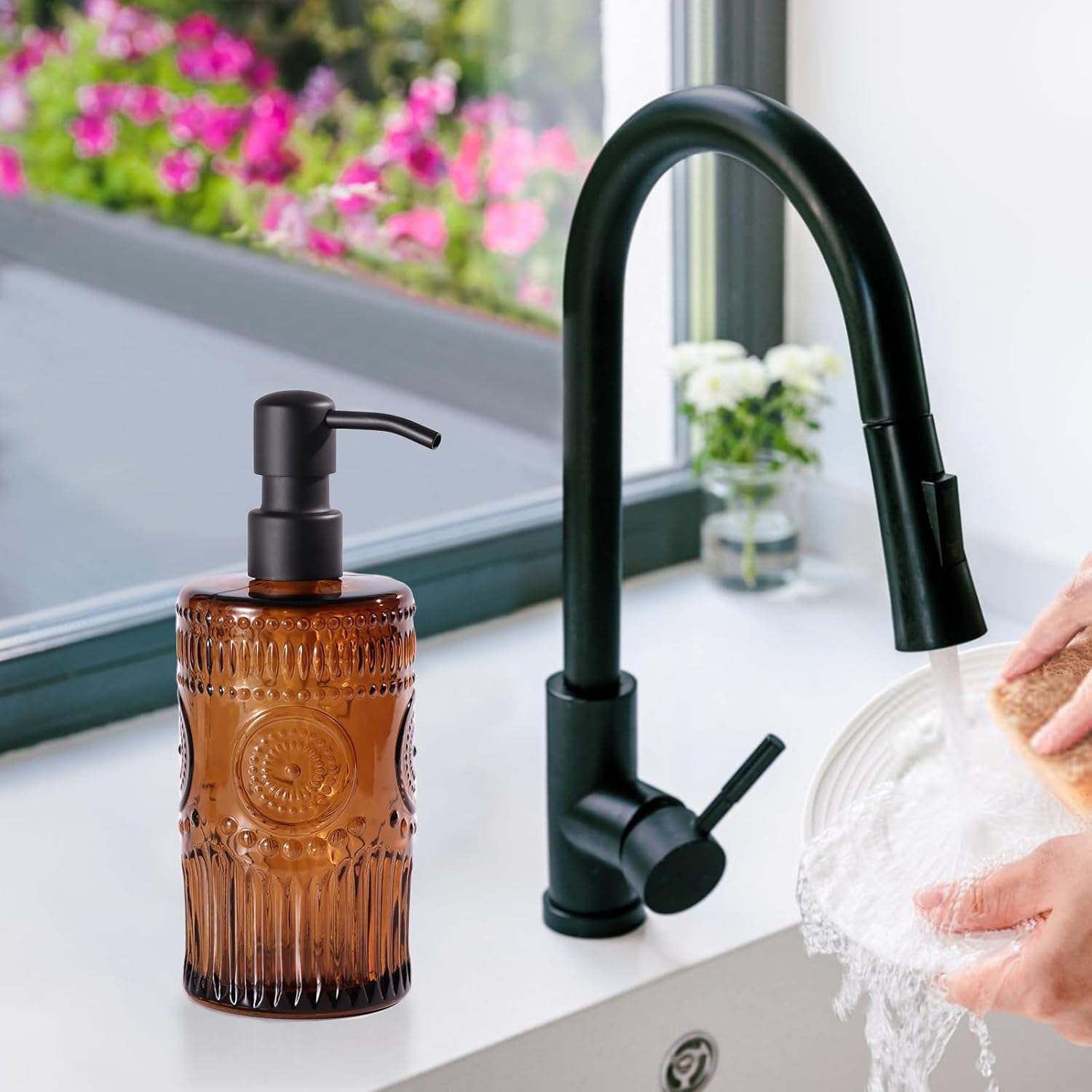 17 OZ Amber Glass Soap Dispenser with Black Stainless Steel Pump, Sunflower Embossed Glass Soap and Lotion Dispenser Set, Liquid Hand Soap Dispenser for Kitchen & Bathroom (2 Pack) - Green image number 6