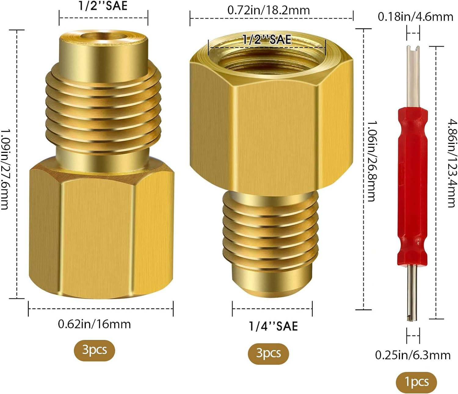 6 Pcs Brass Refrigerant Tank Adapter, with 1 Valve Core Remover, R12 R22 to R134A Adapters Kit, R134A Refrigerant Tank, Vacuum Pump Port Conversion Retrofit Kit,1/4''Flare Female, 1/2'' Male image number 1