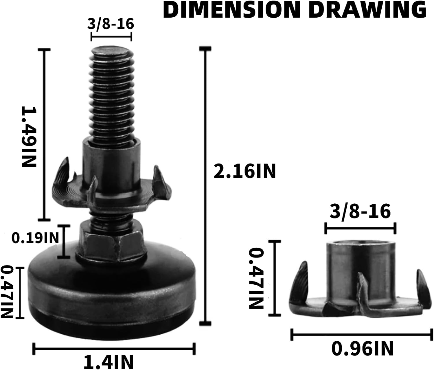 Furniture Levelers, 8 Pieces Adjustable Feet, Black T-Nut Kit 3/8"-16 Thread Heavy Duty Leg Levelers for Table Legs, Furniture Feet, Cabinets, Sofa, Tables, Chairs Raiser image number 3