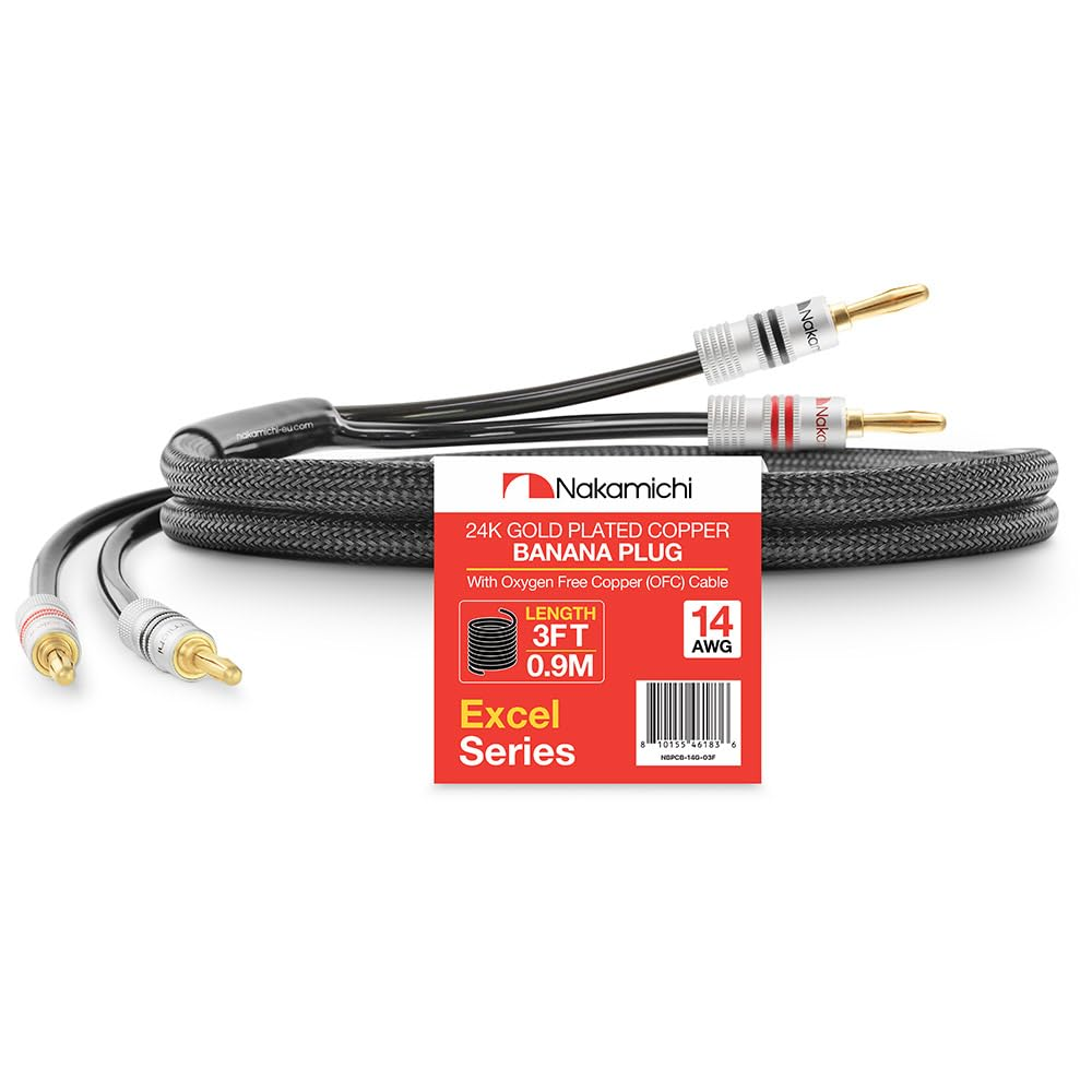 Nakamichi Excel Series 24K Gold Plated Banana Plugs with Speaker Cable Wire 99.9% Oxygen-Free Copper (OFC) Heavy Duty Braided for Amplifier Hi-Fi Home Theatre - White (12 AWG / 10 Feet / 3.0M)