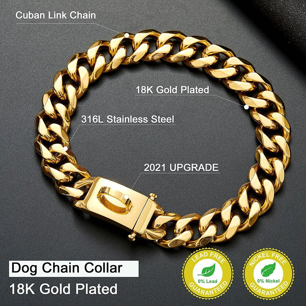 Gold Dog Chain Collar Walking Metal Chain Collar with Design Secure Buckle,18K Cuban Link Strong Heavy Duty Chew Proof for Small Dogs(19Mm, 12") image number 2