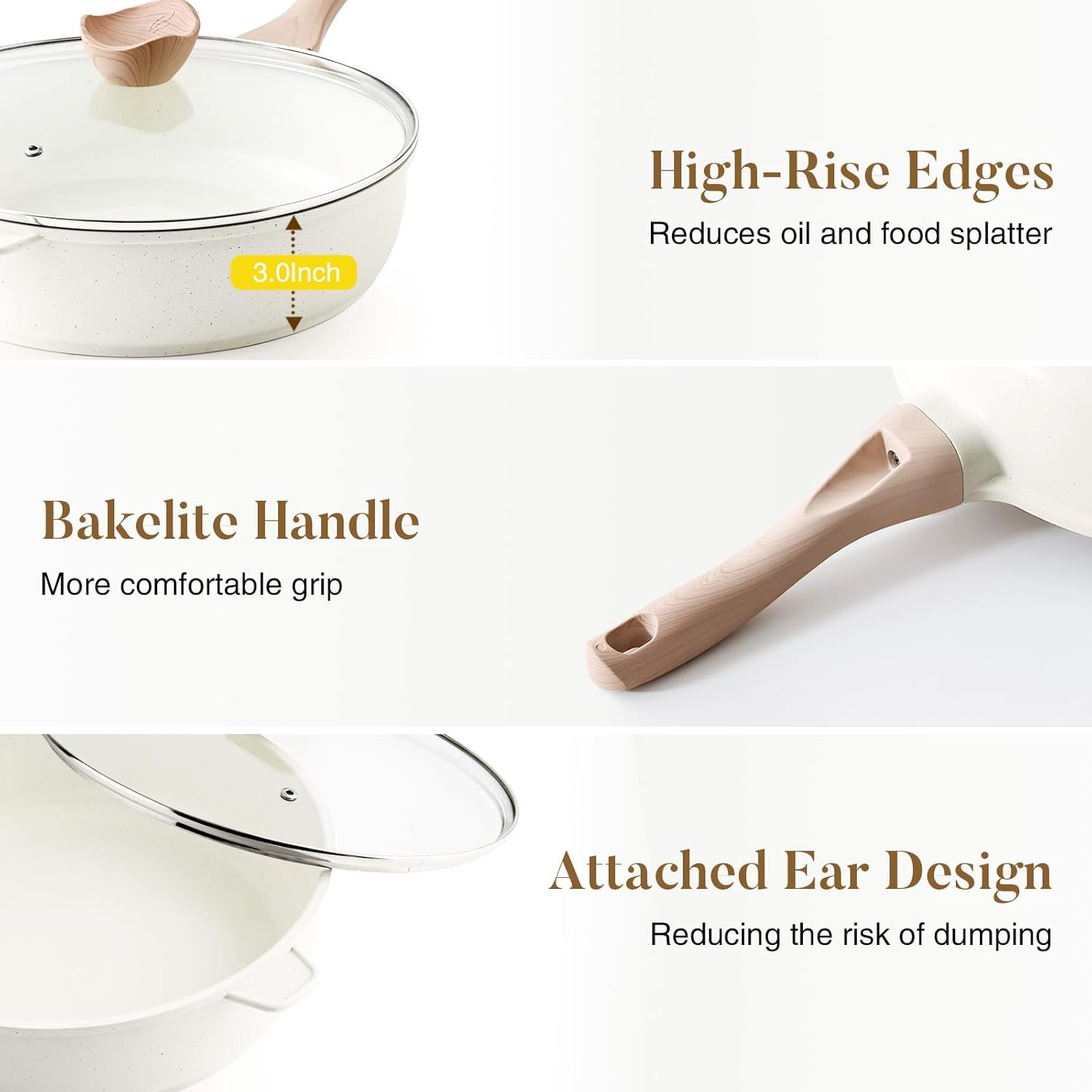 Kordisen Nonstick Ceramic Deep Frying Pan, 11 Inch Non Toxic Skillet with Lid, Healthy Jumbo Cooker, Saute Pan for Cooking, Induction Cookware, PFOA & PFAS Free (Cream) image number 2