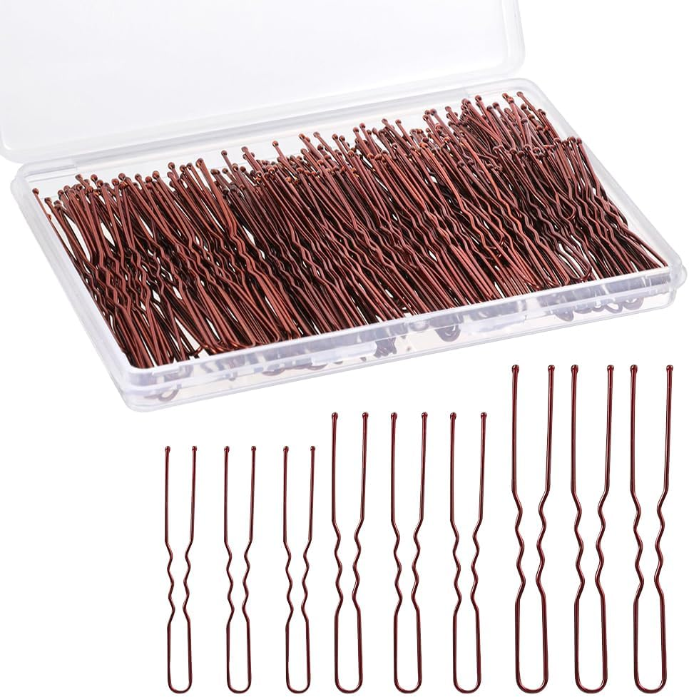 200 Pieces Hair Bun U Shape Hair Pins U Shape Hair Pins Metal Hair Clips Updo Hair Clips Various Sizes Hair Styling Pins Hairdressing Accessories with Storage Box Brown