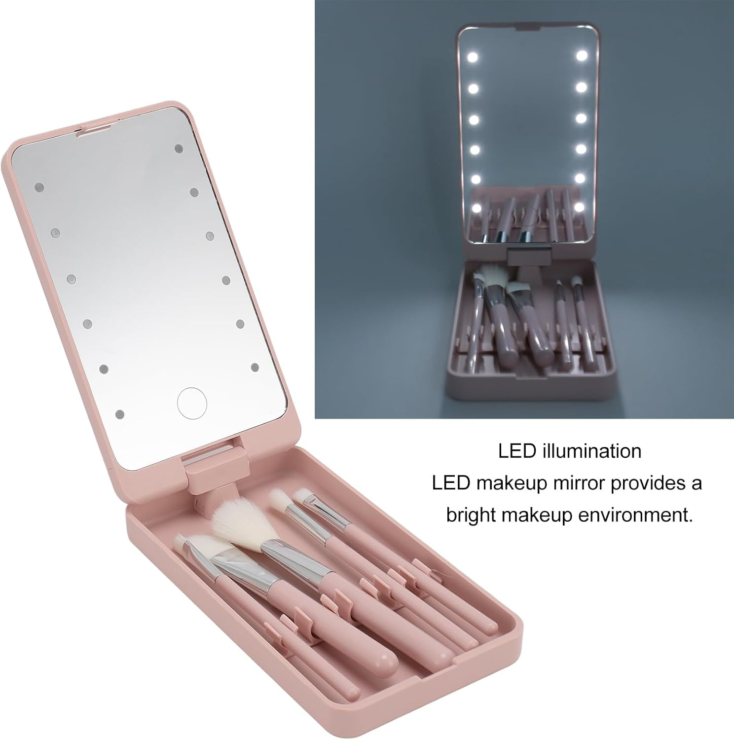 Travel Makeup Brush Set with LED Light Mirror, Cosmetic Makeup Brushes Kit with Holder Case and Mirror, Cosmetic Brushes Kit with Rotatable Foldable LED Mirror for Home Dormitory image number 5