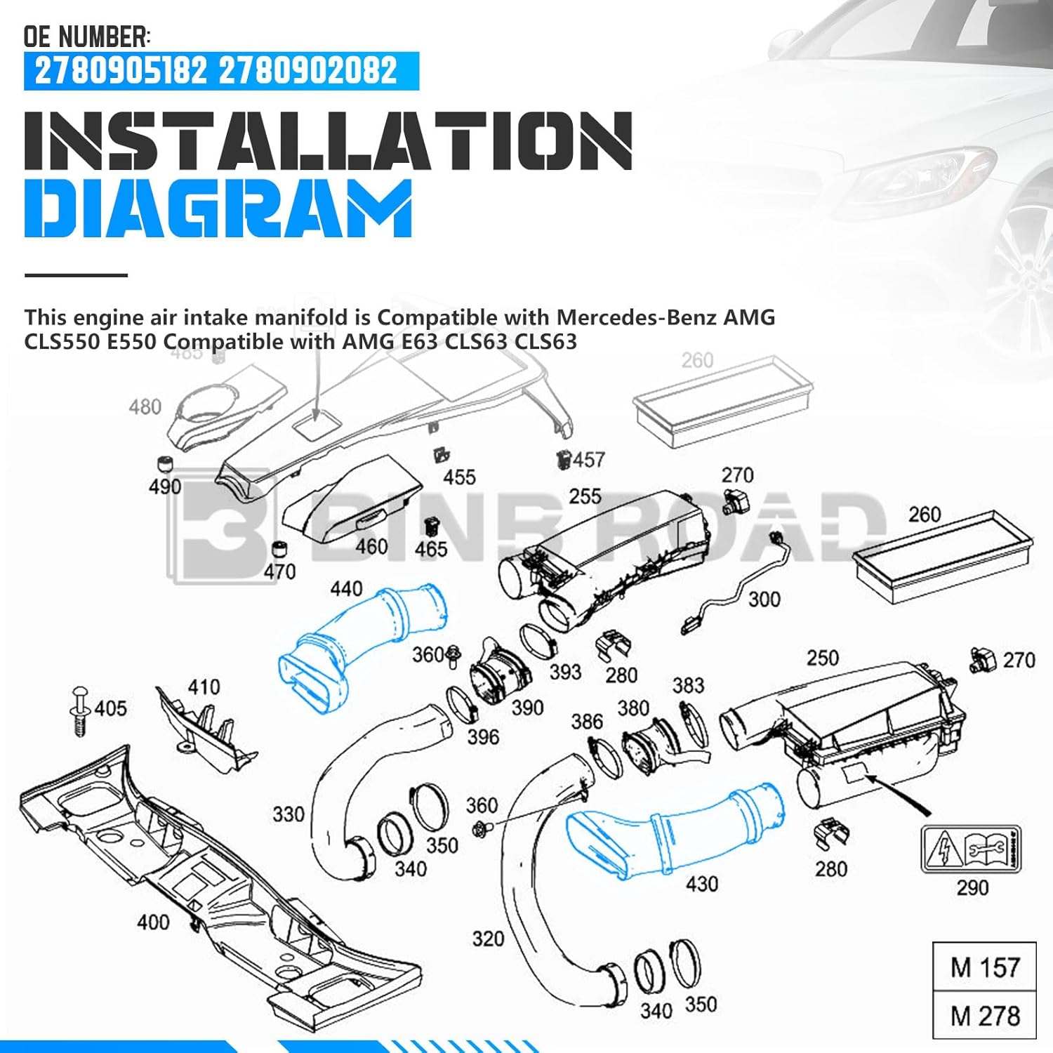 BINB ROAD Pair of Engine Air Intake Duct Hose Pipe 2780905182 2780902082 Compatible with Mercedes-Benz E550 CLS550 E63 AMG W212 W218 image number 4