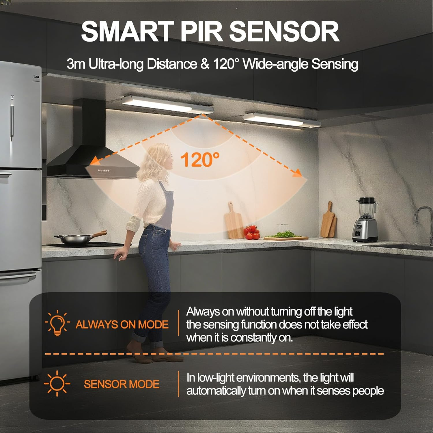 Voinee Care Motion Sensor Light under Cabinet Kitchen Light with 3 Colors with Adjustable Intensity, USB Charging, Magnetic Installation, Suitable for Closets, Wardrobes, Bedrooms, Stairs (2) image number 3