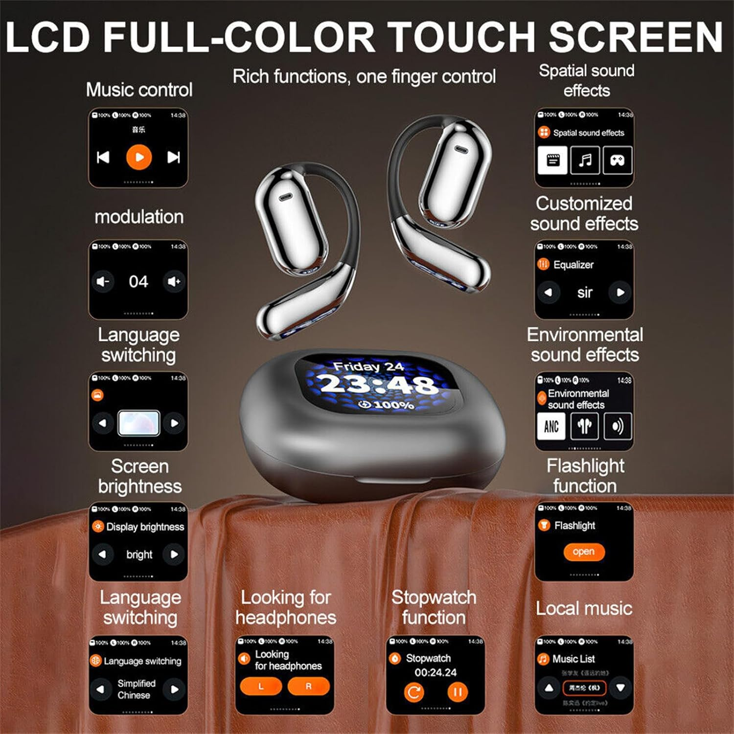 Over the Ear Earbuds Xp2 Earbuds,True Wireless Open Ear Bluetooth 5.4 Intelligent Screen Display Q16 PRO Black (Black) - White image number 4