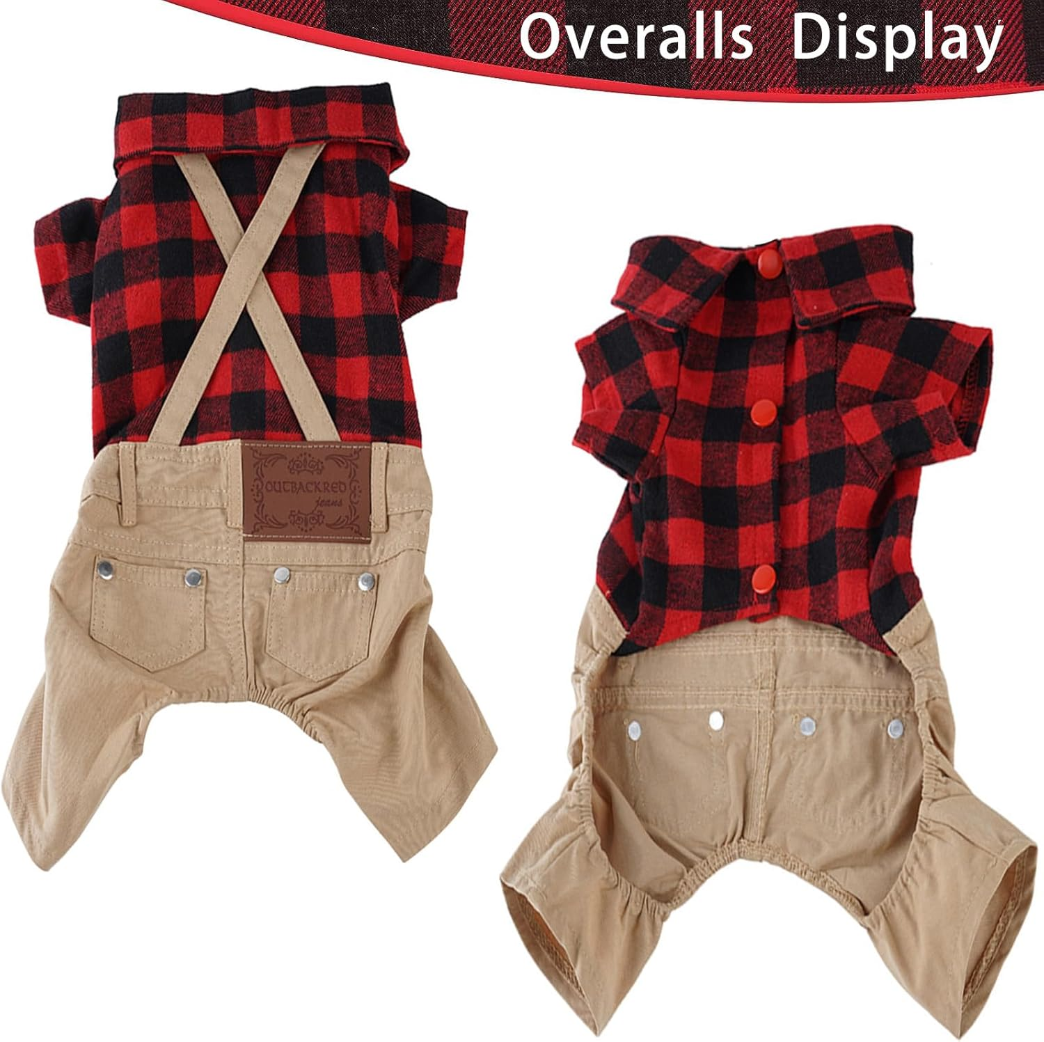 Small Dog Clothes Red Plaid Shirt Khaki Overalls Pants Jumpsuit Outfits Cool Pet Clothes for Small Dogs Cats Boy Girl, Jeans Onesies Pjs Apparel Halloween Christmas Costume Birthday Party Dress image number 6