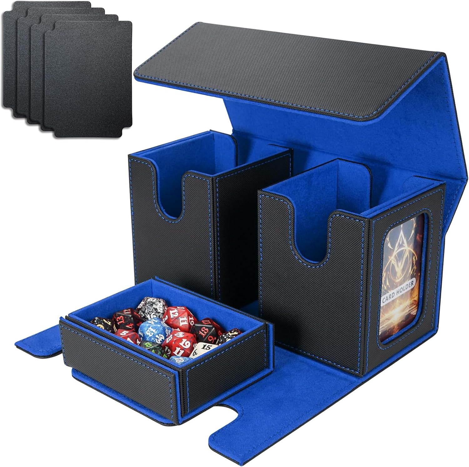 AFIING MTG Commander Card Storage Box - Fits 200 Double Sleeved Cards,3-In-1Card Deck Case,Strong Magnet Card Organizer for Magic Commander TCG Ccg,4Dividers &2 Toploaders, Black/Blue