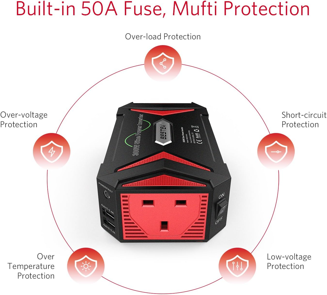 BESTEK 300W Pure Sine Wave Power Inverter DC 12V to AC 230V 240V with 4.2A Dual Smart USB Ports Car Adapter - 300W image number 4