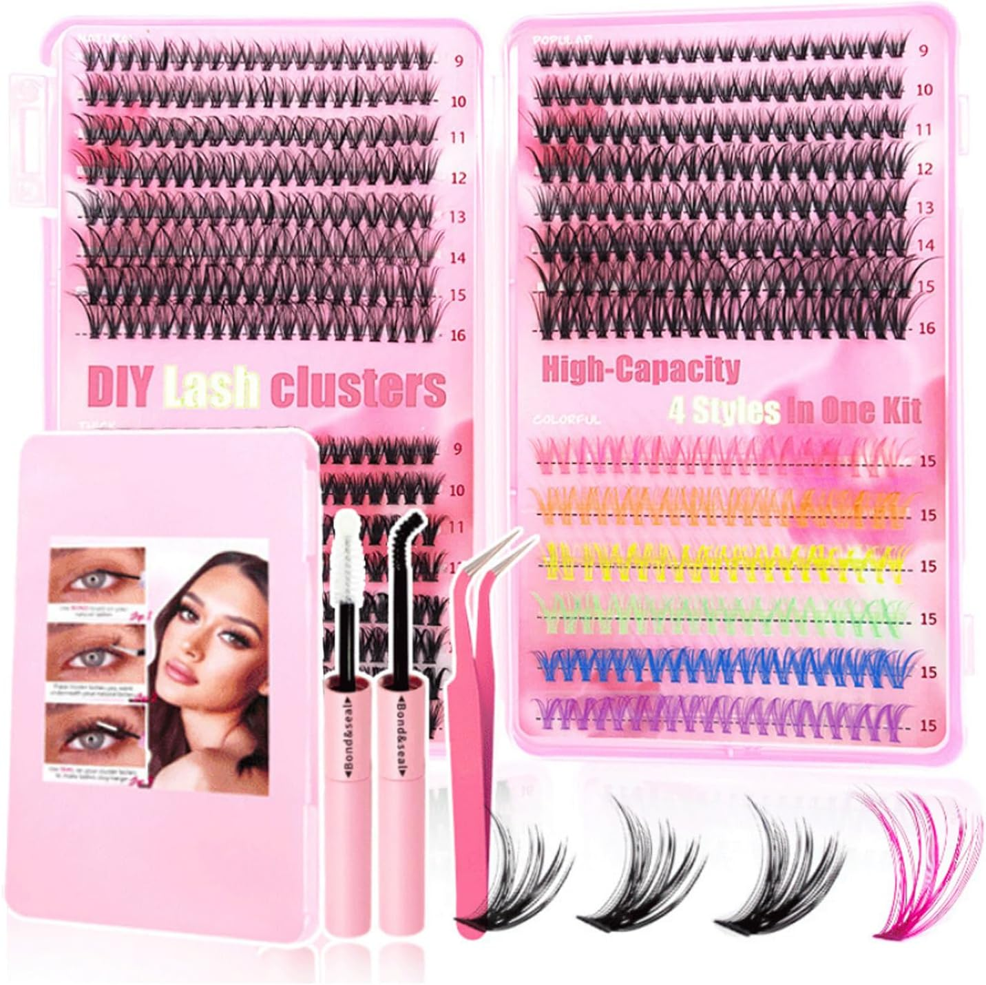 Colored Lash Clusters Kit, 600 Pcs Eyelashes Clusters Extensions,Individual Lashes D Curl Fluffy Wispy 1 Eyelashes Thin Band with Bond Seal Tweezers Brush DIY for Beginners(30+40+50D+Eyelash Book Kit 9-16Mm)