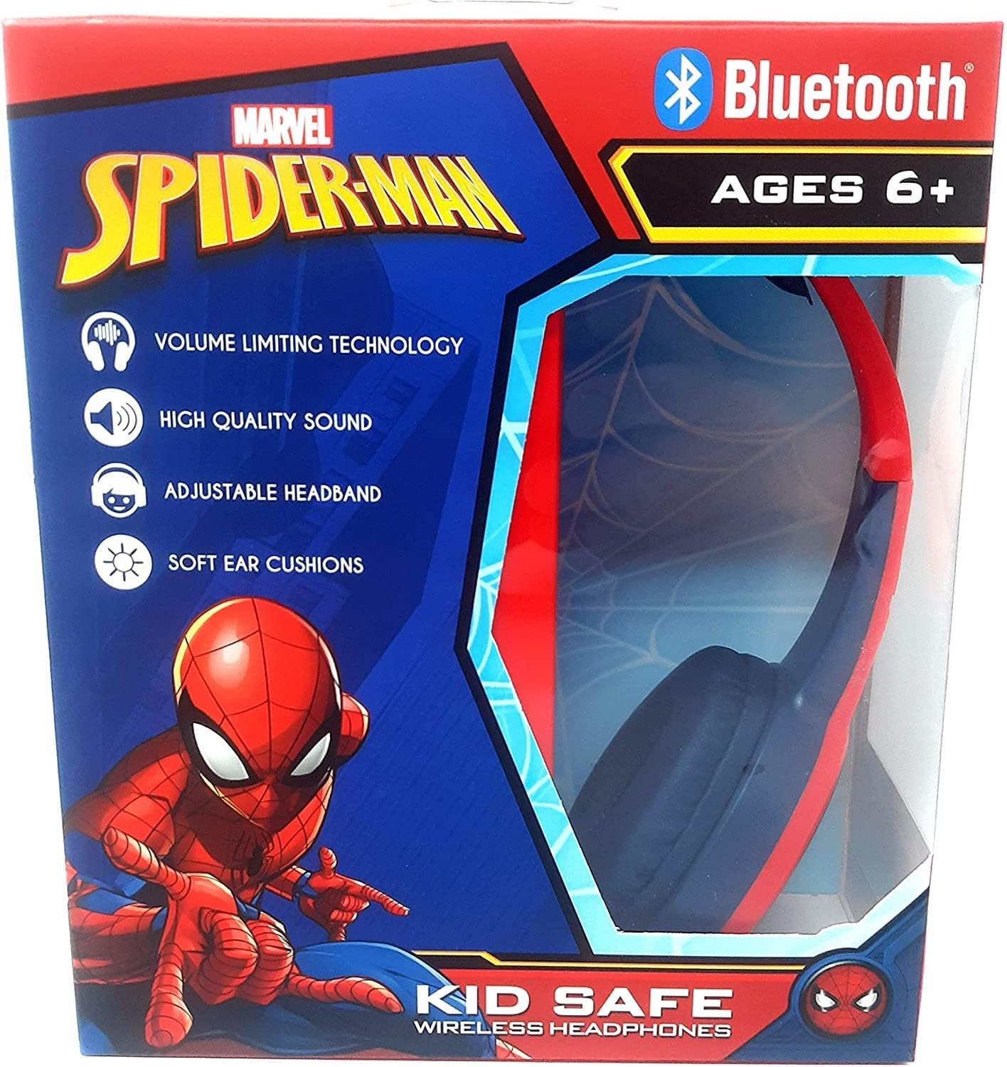 Spider Man Bluetooth Kid Safe Headphones over the Ear Padded Cushions Flying on a Web Design image number 4
