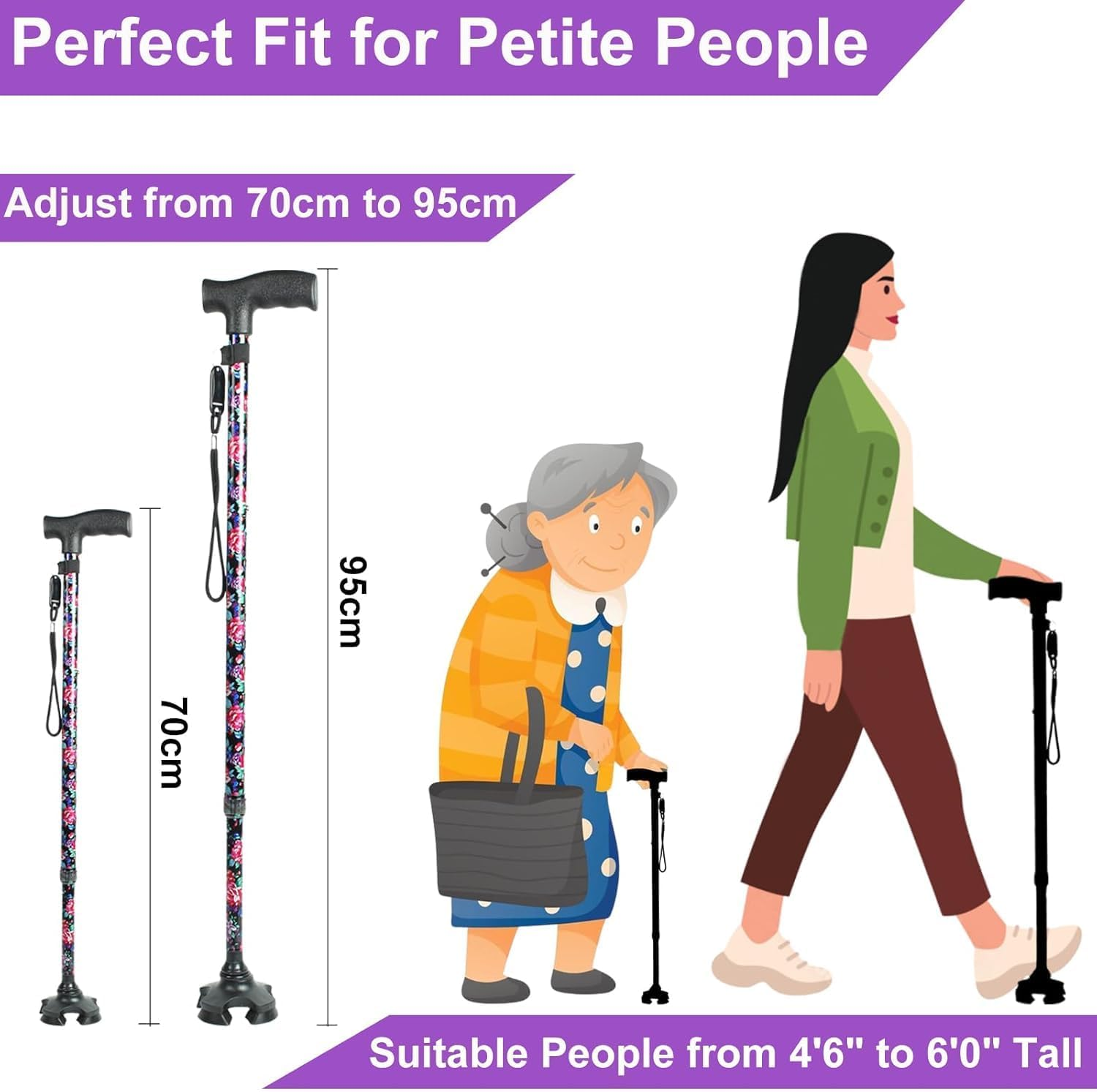 Begrit Walking Stick Adjustable Cane for Women Ergonomic Handle Stabilising Base - Small Flower image number 3