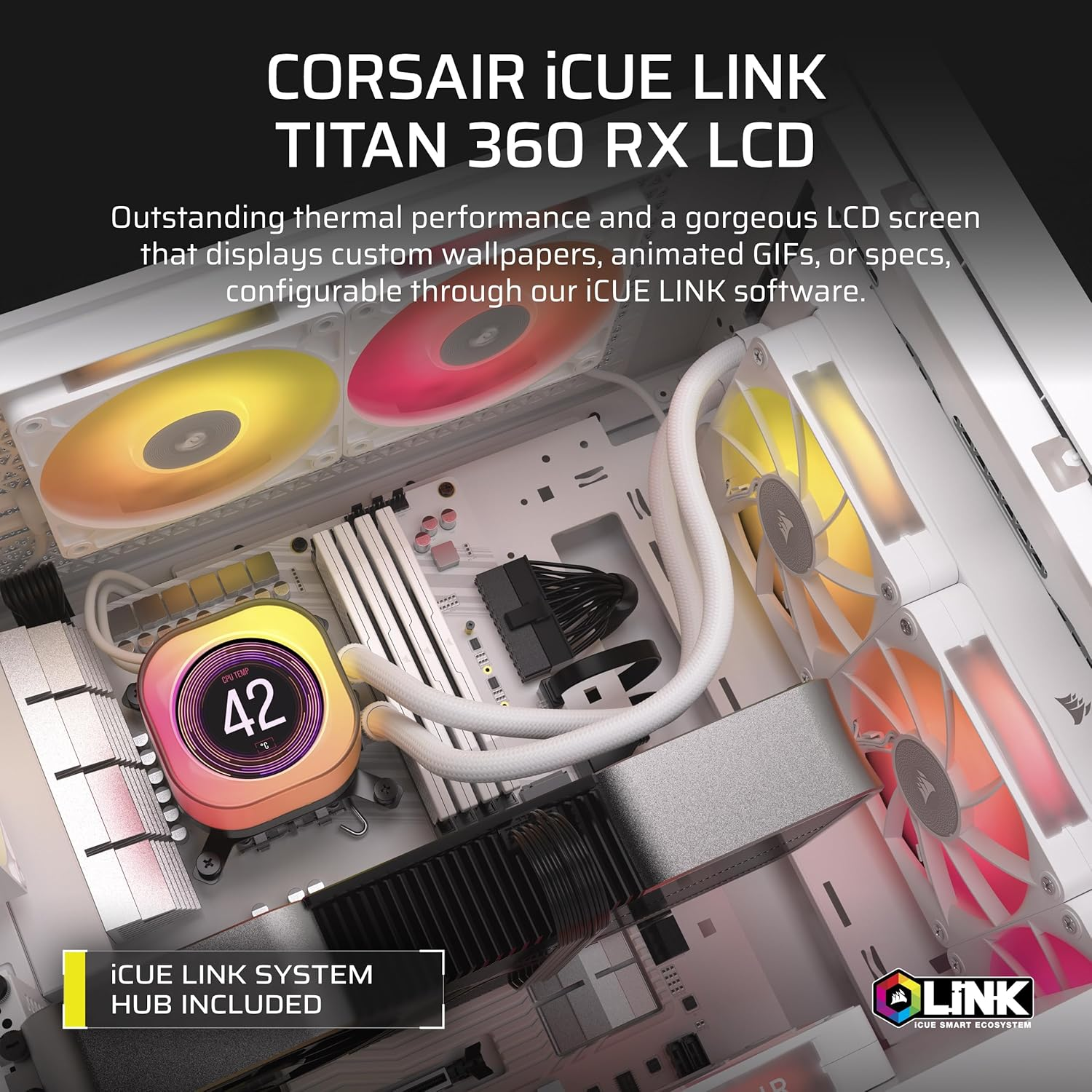 CORSAIR Icue Link Titan 360 RX LCD Liquid CPU Cooler &ndash; 360Mm AIO &ndash; Low-Noise &ndash; Flowdrive Cooling Engine &ndash; Intel LGA 1851/1700, AMD AM5/AM4 &ndash; 3X RX120 RGB Fans &ndash; Icue Link System Hub Included &ndash; White image number 3
