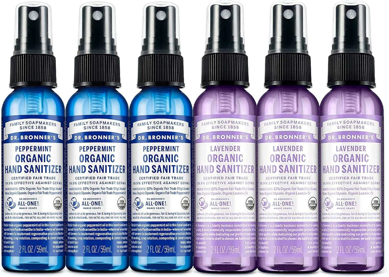 Dr. Bronner&rsquo;S - Organic Hand Sanitiser Spray (6-Pack) - Moisturising Travel Pack Sanitiser - Lavender & Peppermint - 6 X 59Ml image number 1