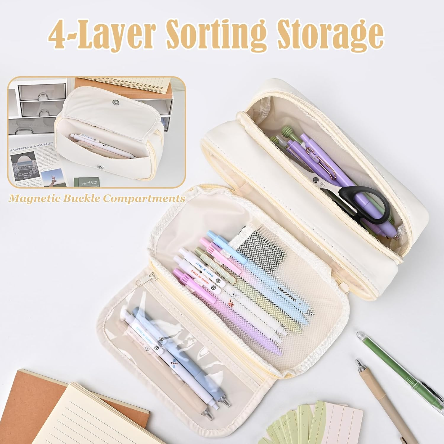 BAYTORY Large Capacity Pencil Case, Aesthetic Back to School Pencil Cases with 4 Compartments, Canvas Pencil Case for Makeup Bag and Stationery Organizer (Beige) image number 3