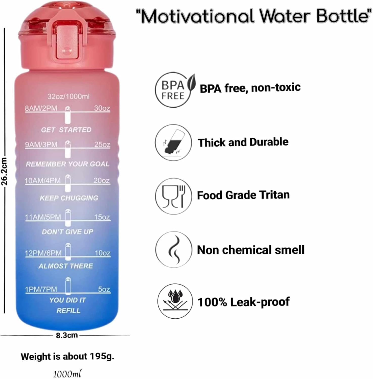 Motivation Gradient Water Bottle, 1L, Tea Compartment, Time Marker, Push Button Leakproof, Bpa-Free Frosted Plastic, Large Capacity, Hidden Bail, Fitness, Gym, Outdoor Sports (Pink) image number 3