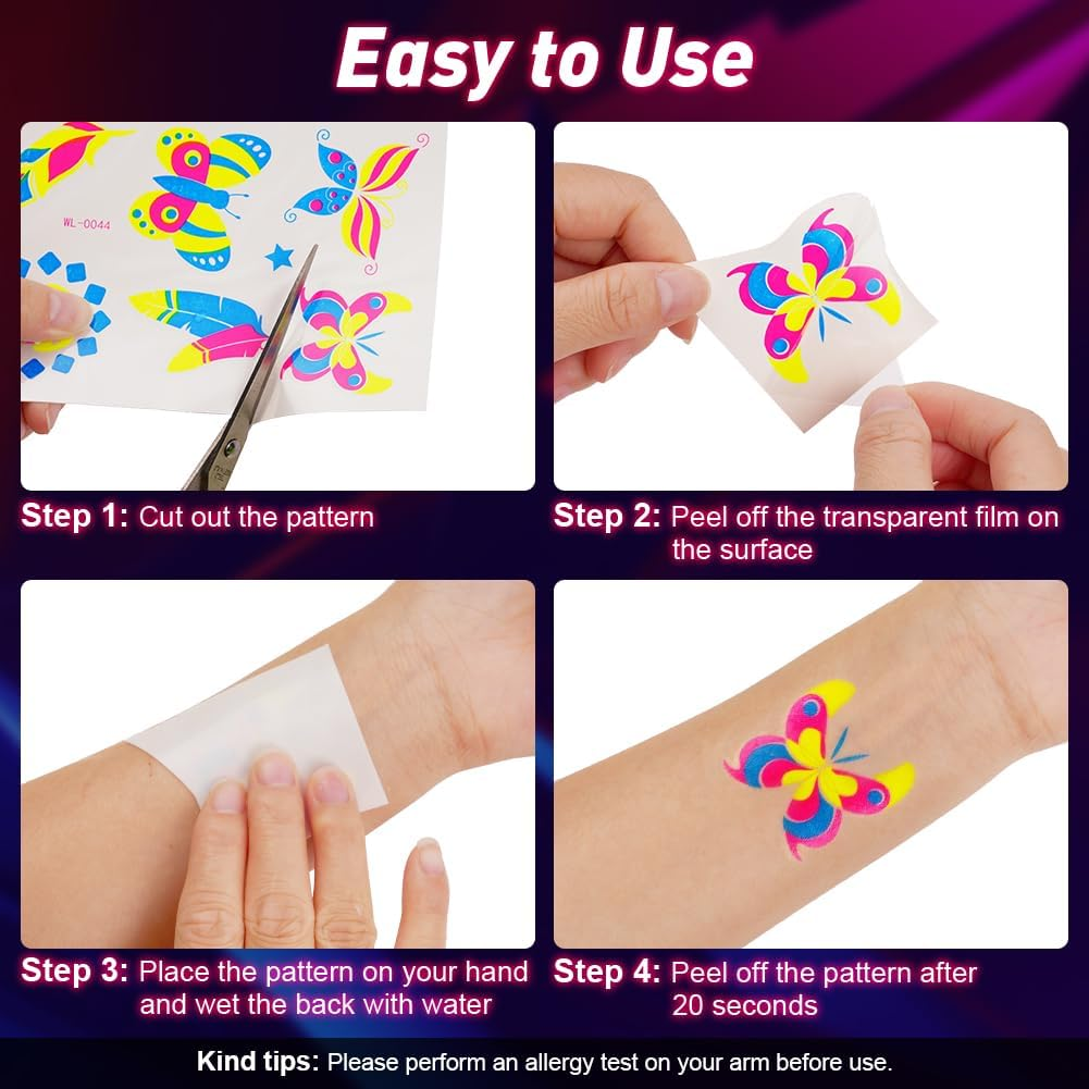 LOPHE Neon Tattoos, 24 Sheets Neon Face Tattoo for Sticking, Waterproof Glitter Tattoo, Black Light Make-Up under UV, Neon Party Accessories, Halloween, Carnival, Festival image number 3