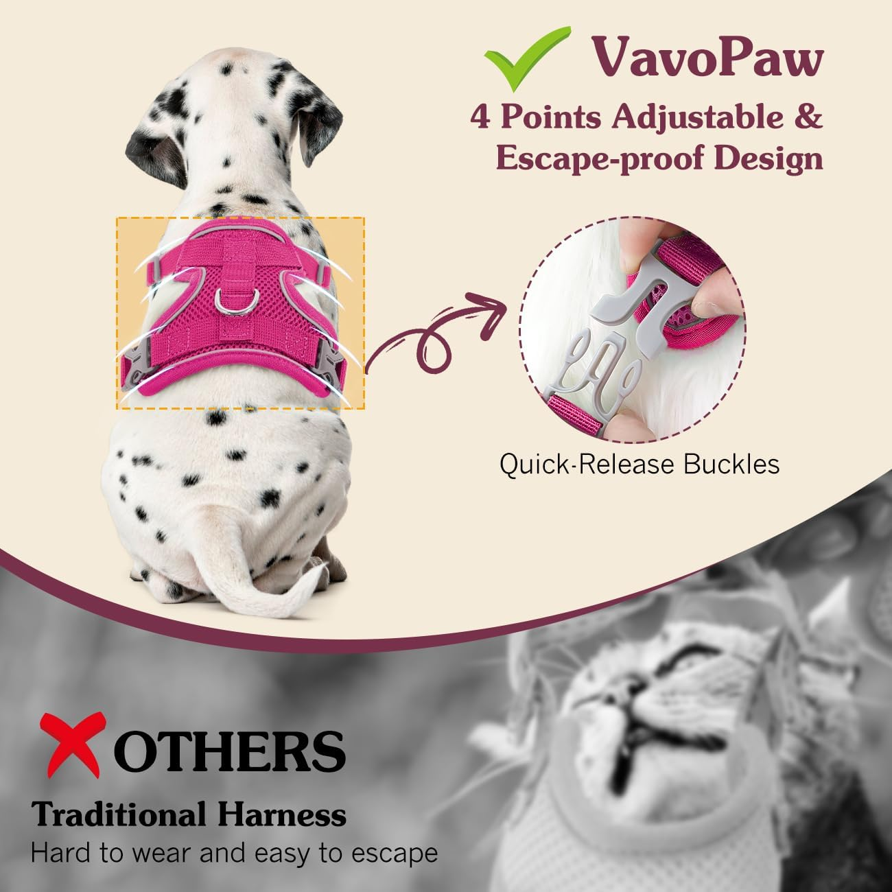 Vavopaw Cat Harness and Lead Set for Walks, Escape Proof Kitten Vest Harness with Reflective Strip, Adjustable Pet Safety Vest for Cats, Puppies, L, Magenta image number 1