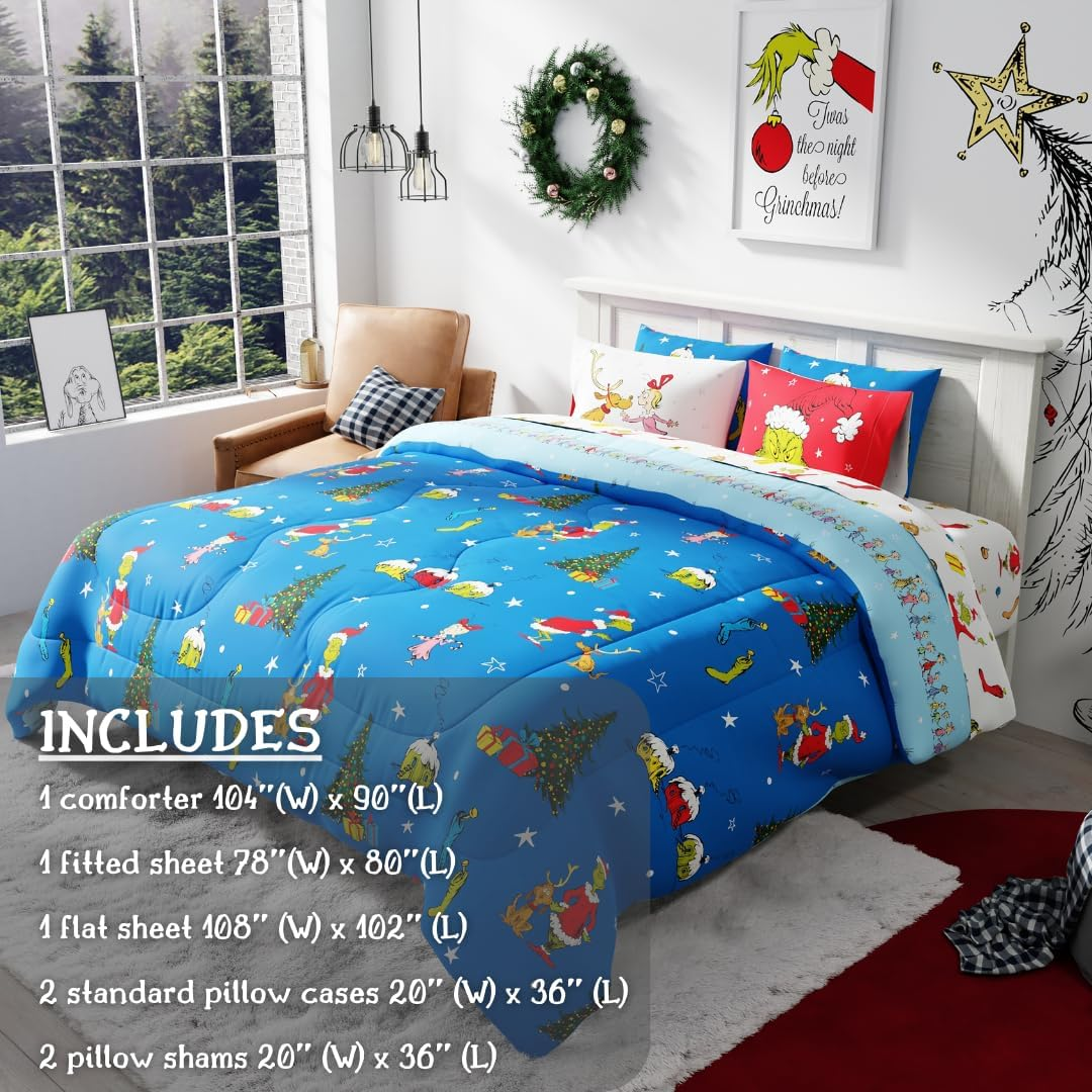Franco Grinch by Dr. Seuss Holiday & Christmas Bedding Super Soft Comforter and Sheet Set with Sham, 7 Piece King Size (Official Dr. Seuss Product) image number 6