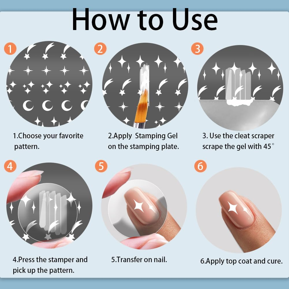 PH Pandahall 6Pcs Stars Moon Pattern Nail Stamp Plate Heart Print Art Template Stainless Steel Nail Image Plate Butterfly Pattern Nails Art Stencils for Women DIY Printing 4.7X2.3 Inch image number 6