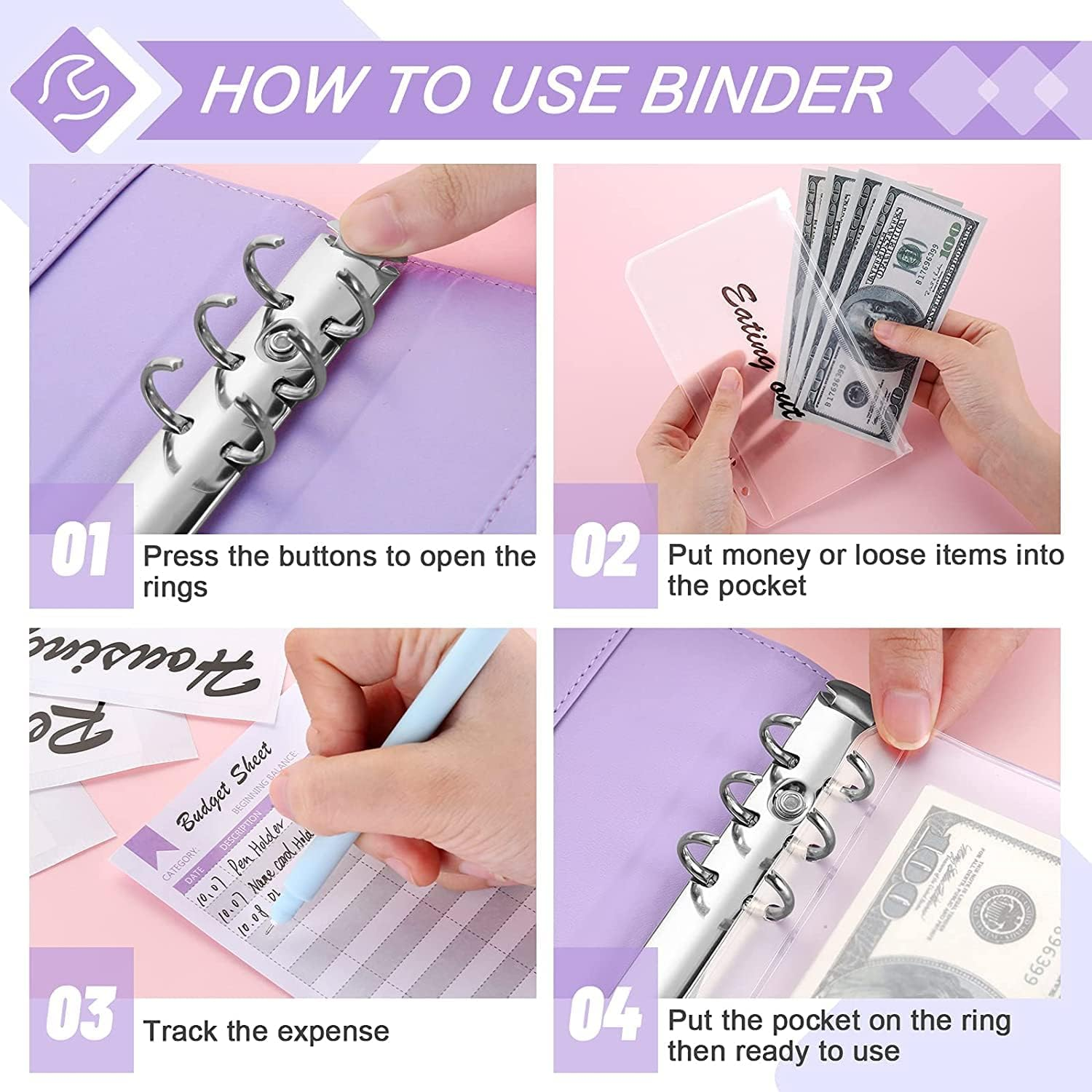 A6 PU Leather Binder Budget Planner Organizer 6 Ring Binder Cover, 8Pcs Binder Pockets, 12Pcs Expense Budget Sheets & 2Pcs Categories Sticker Labels, Money Saving Binder for Budgeting(Purple)