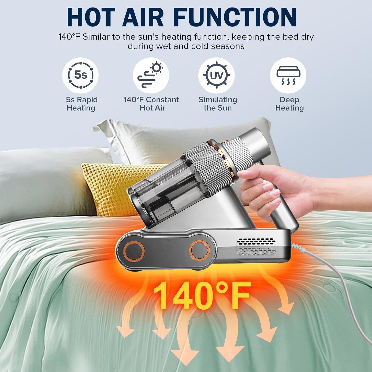 Kovizen Mattress Vacuum Cleaner, 16Kpa Bed Vacuum Cleaner, Heating, LED Screen, 500W Powerful Handheld Vacuums for Removing Dust Mites from Bed, Sofa, Couch, Crib image number 6