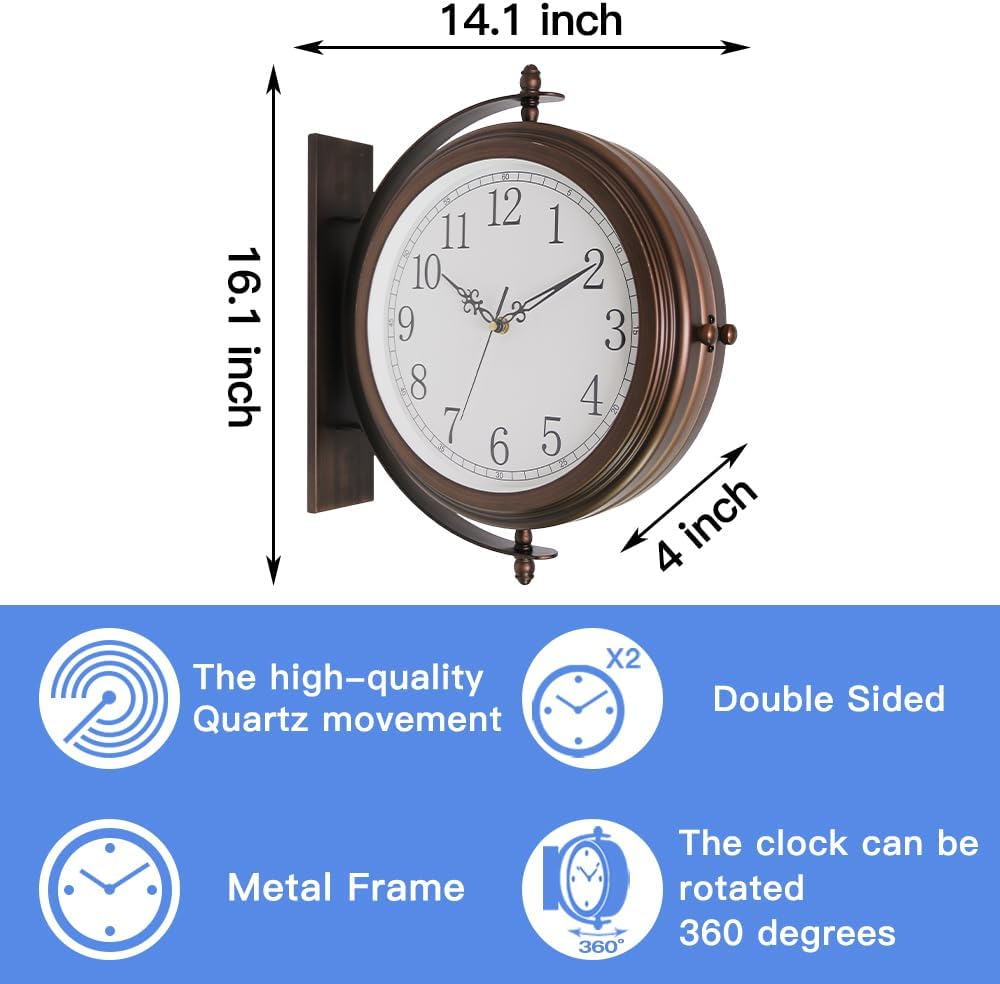 BESTIME 66264A 16-Inch Double Sided Metal Wall Clock with Antique Red Copper.Sturdy Frame,Easy Read,Garden,Home D&eacute;cor,Indoor,Outdoor,Farmhouse,Yard,Station,Office,Photography Props. - Wood Grain Color image number 2