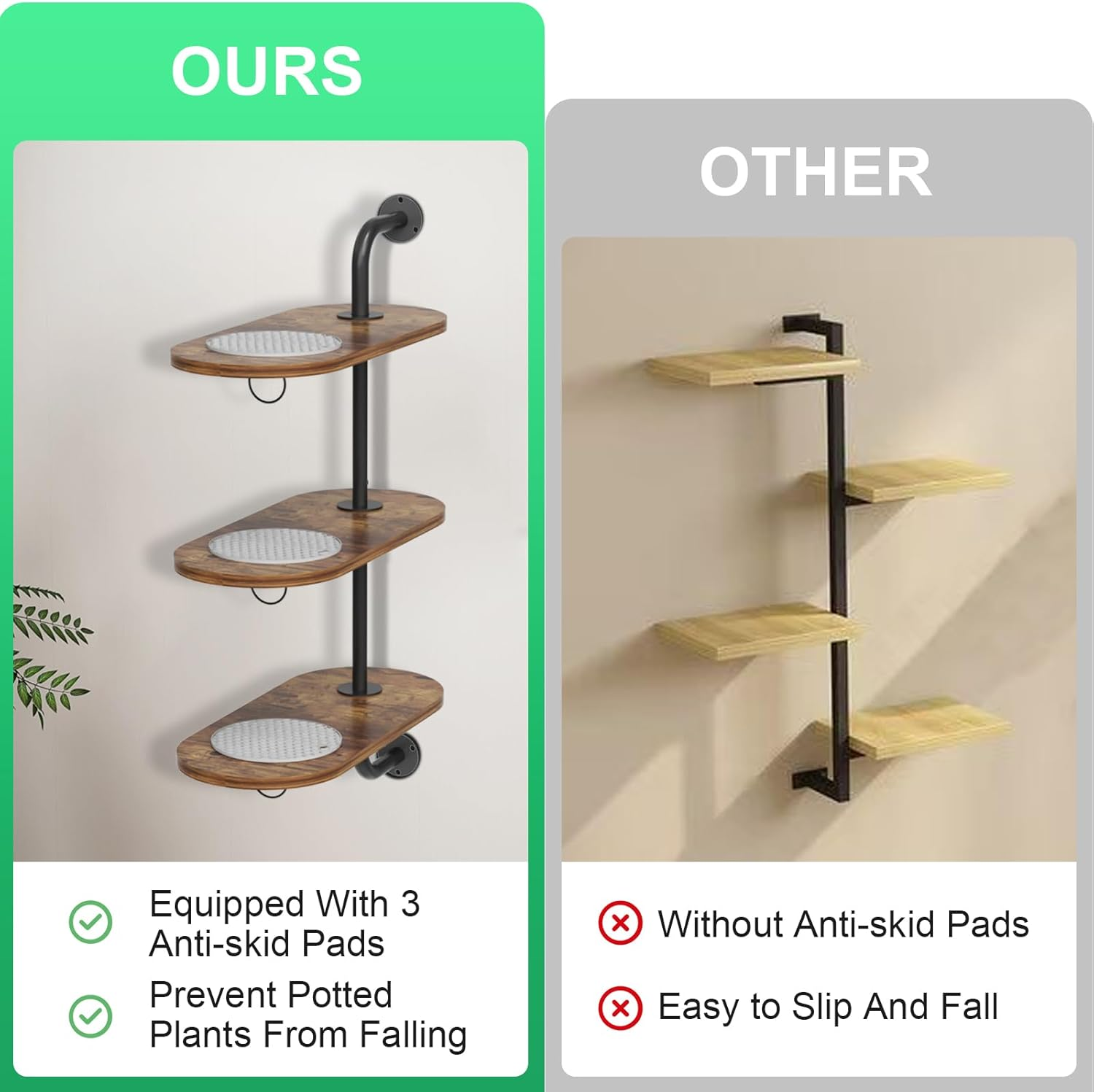 Rotating Window Plant Shelves 3 Tier, Plant Stand Indoor Outdoor Wooden Window Plant Shelf with 3 Circle Hook, 3 Anti-Slip Mats, Hanging Plant Shelf for Window, Plants, Flowerpots image number 5