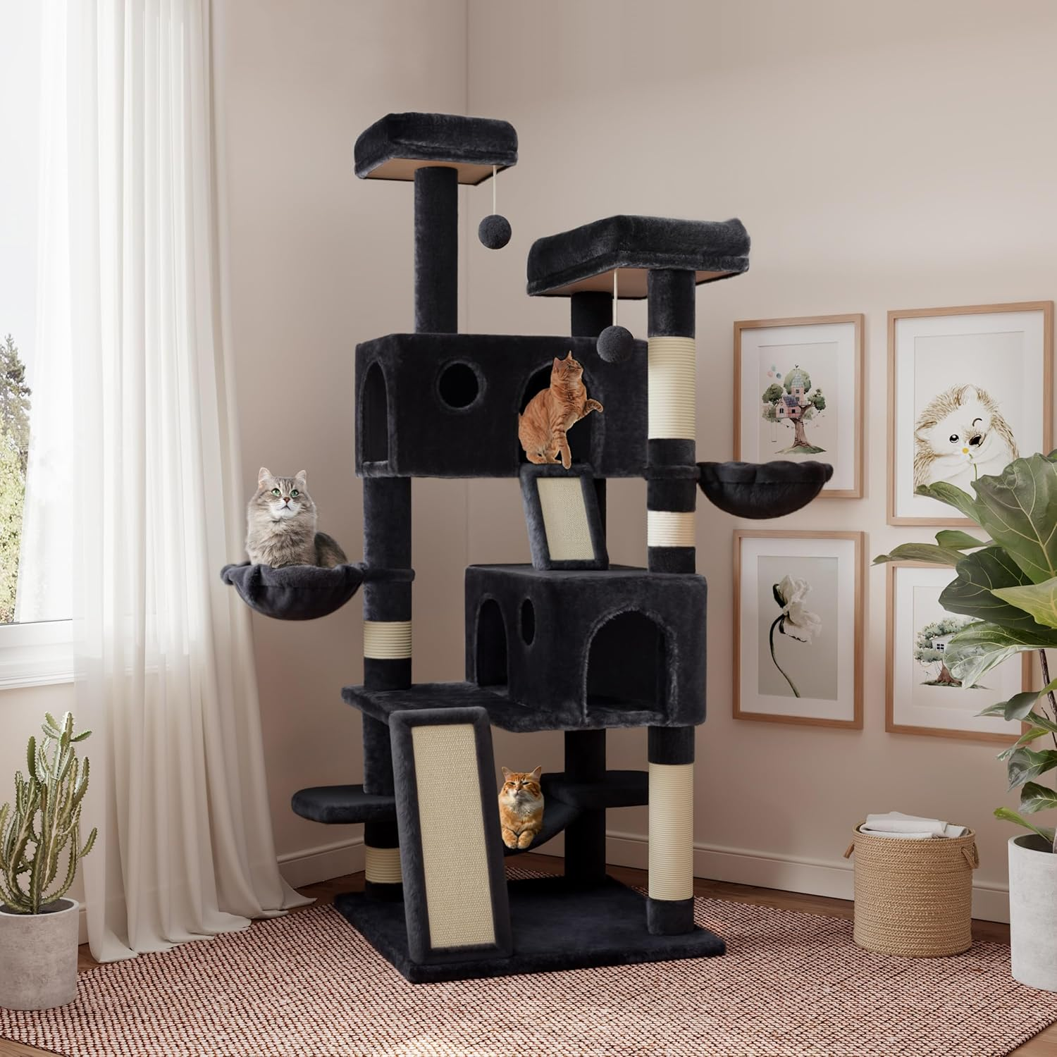 SHA CERLIN 65In Larger Cat Tree Tower Condo for Indoor Cats, Multi-Level Furniture Activity Center with Wide Base/Cozy Plush Cat Perches/Baskets/Sisal Scratching Posts and Hammock/Beige