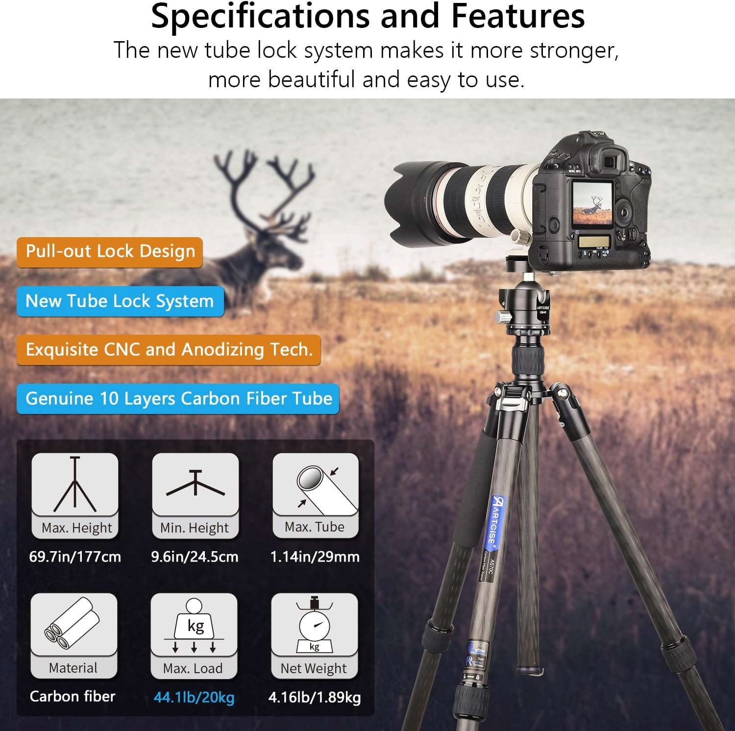 69.7" Carbon Fiber Camera Tripod with Low Profile Ball Head ARTCISE Professional Lightweight Compact Tripod with Two 1/4 Inch Quick Shoe Plate for DSLR Camera,Video Camcorder, Max Load 44Lbs/20Kg