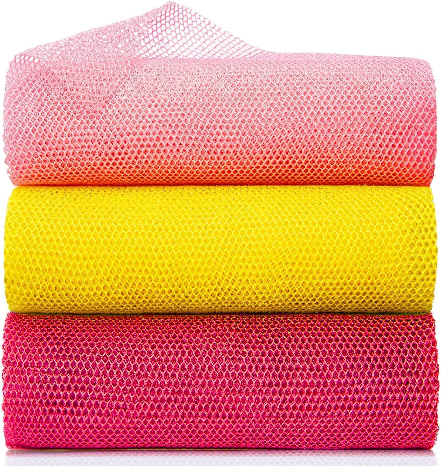 African Net Sponge Set - Authentic Exfoliating Body Scrubber for Shower, Long Stretch Wash Cloth - Red, Pink, Yellow, 3 Pack