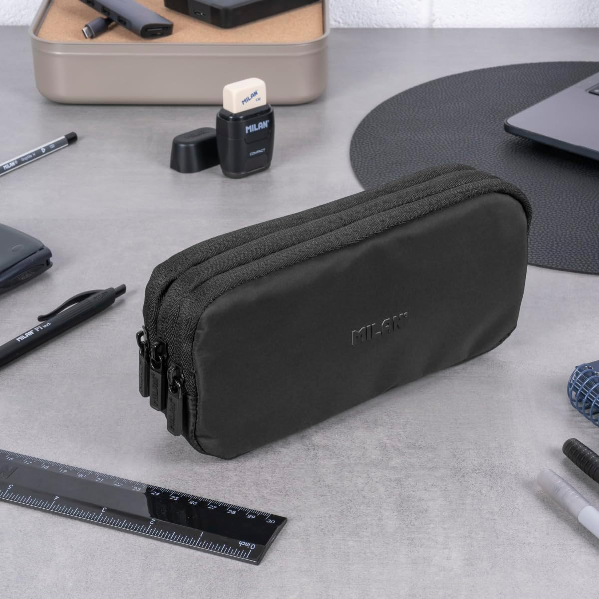 MILAN&reg; Shadow Series Pencil Case with 3 Zips, Black image number 5