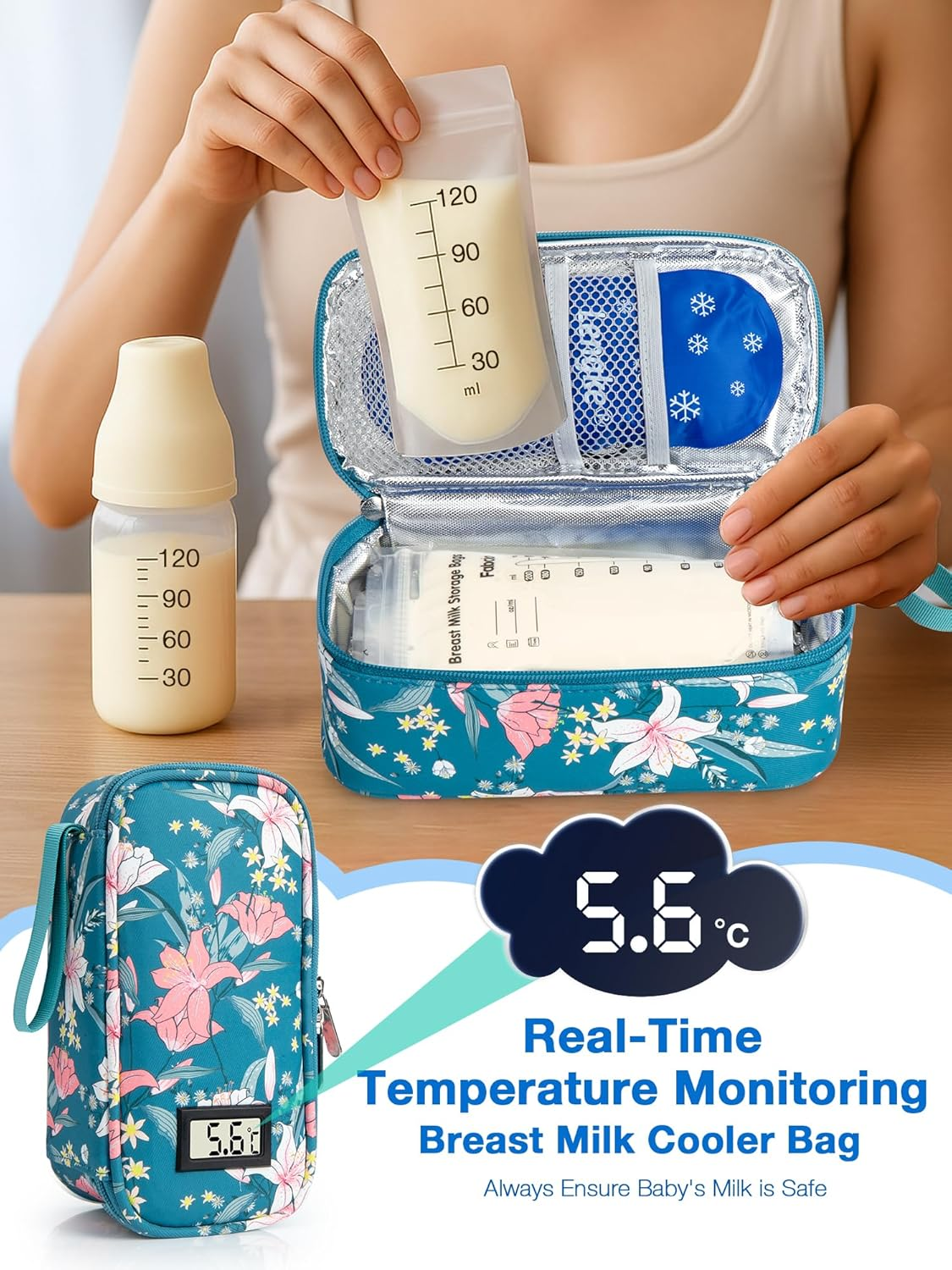 SUNMON Milk Storage Bag, Portable Travel Milk Storage Case, Includes 2 Reusable Ice Packs (Lily) image number 1