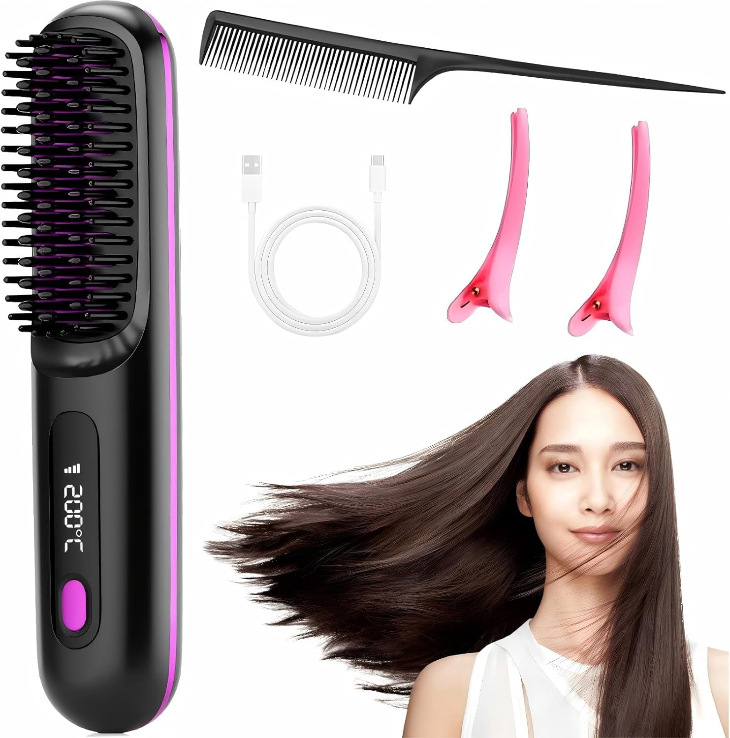 Cordless Hair Straightener Brush - Portable Straightening Comb for Travel Fast Heating USB-C Rechargeable, Smoother, Lightweight On-The-Go, Gift Styling Brush for Women, Mini Hair Straightener Comb image number 3