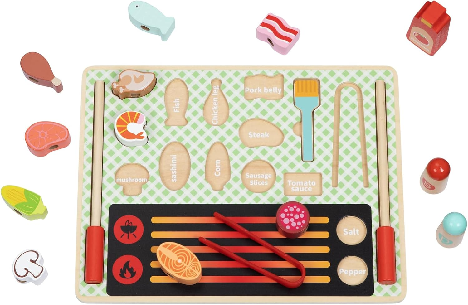 Tooky Toy TJ454 Grill Play Set: Quality Pretend Play Wooden Set Great for Travel for Ages 3+ image number 1