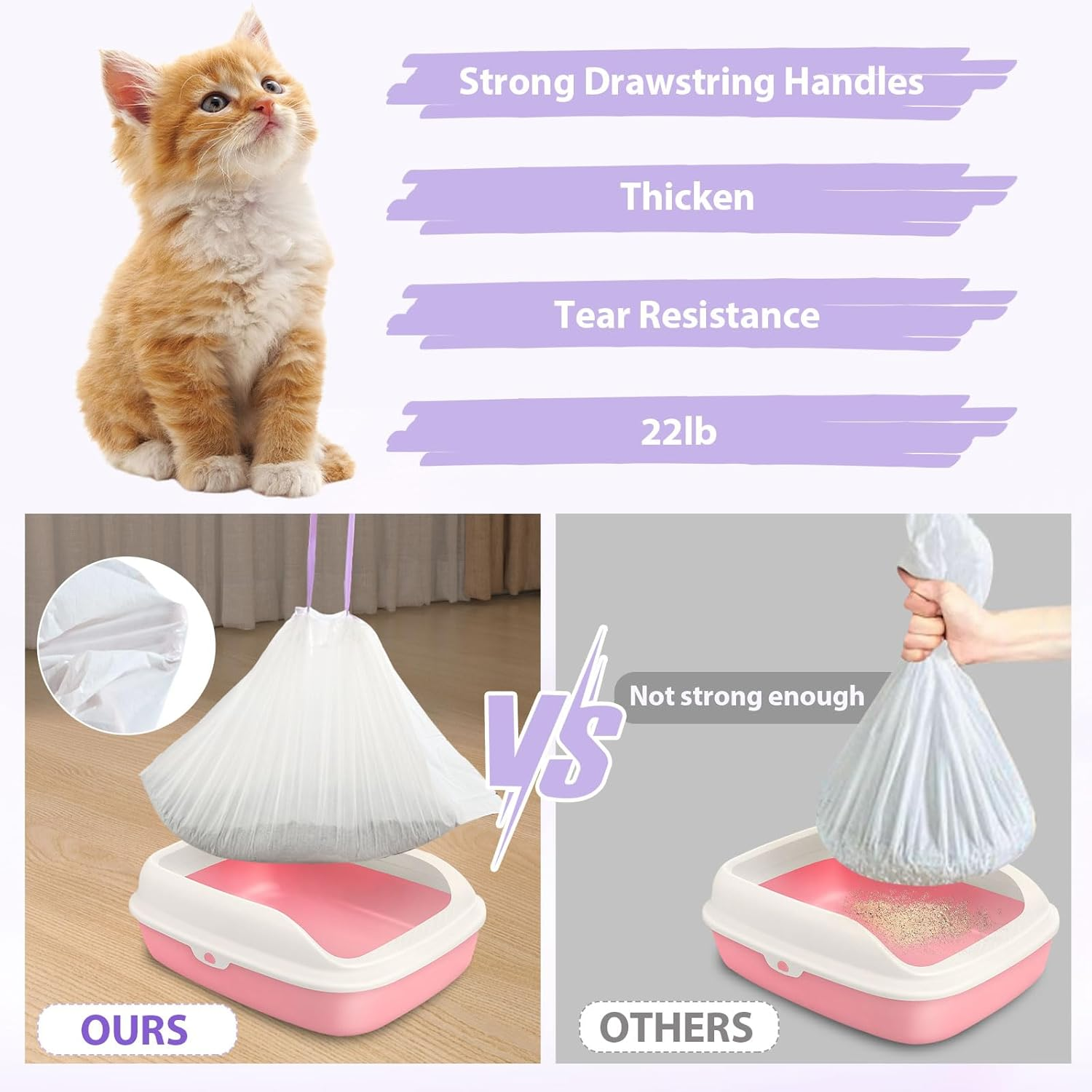 60 Pack Drawstring Cat Litter Box Liners 26" X 16" Disposable Litter Pan Liner Bags with Drawstring for Pet Cat Litter Tray image number 2