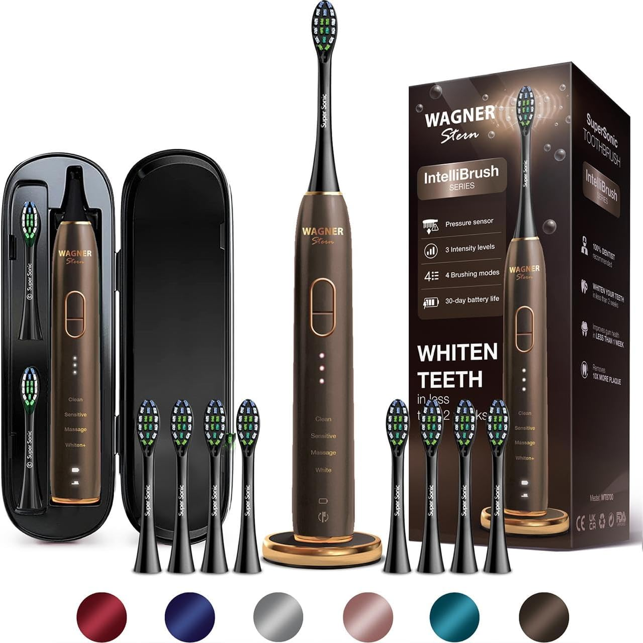 Wagner Stern Intellibrush Series Whitening Electric Toothbrush with Pressure Sensor. Offers 4 Brushing Modes, 3 Intensities, 8 Soft Brush Heads, and a Luxury Travel Case.