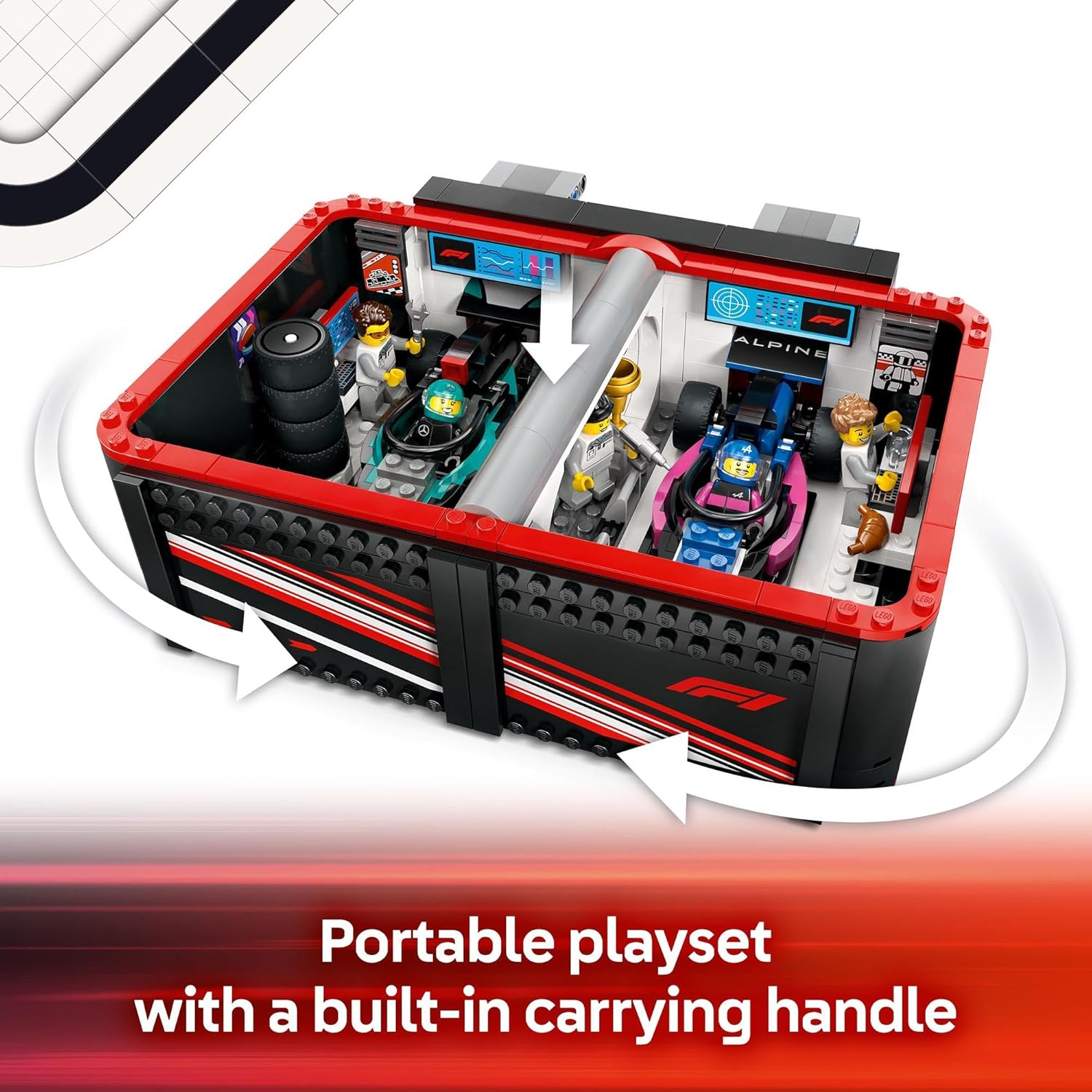 LEGO City F1 Garage & Mercedes-Amg & Alpine Cars Building Set with Formula 1 Racing Cars for 7+ Year Old Boys & Girls, Vehicle Model Construction Kit with Kids Toy Garage and 6 Minifigures 60444 image number 6