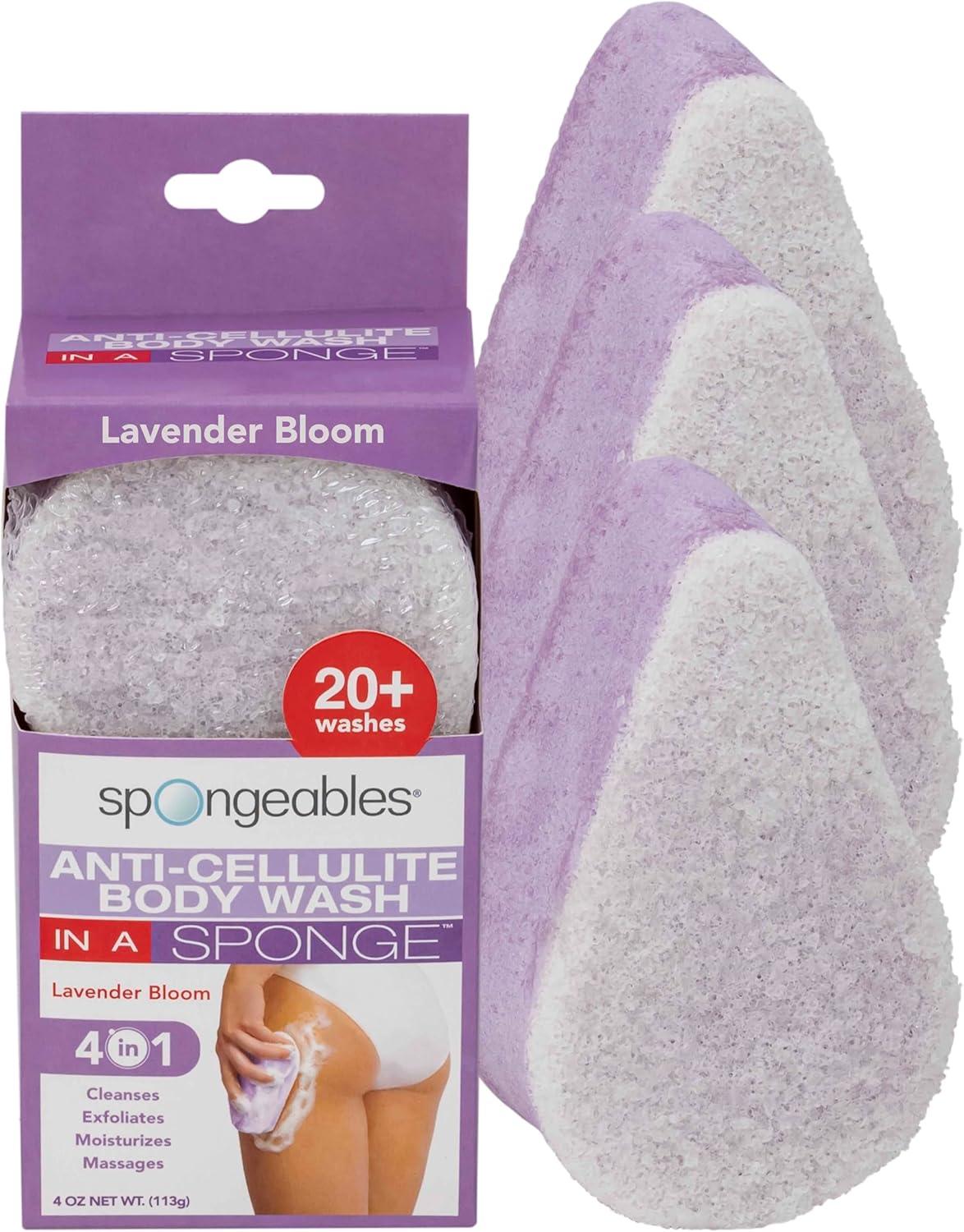 Spongeables Anti-Cellulite Body Wash in a Sponge, Scent, Spa Cellulite Massager, Moisturizer and Exfoliator, 20+ Washes, 4Oz, Lavender, Pack of 3