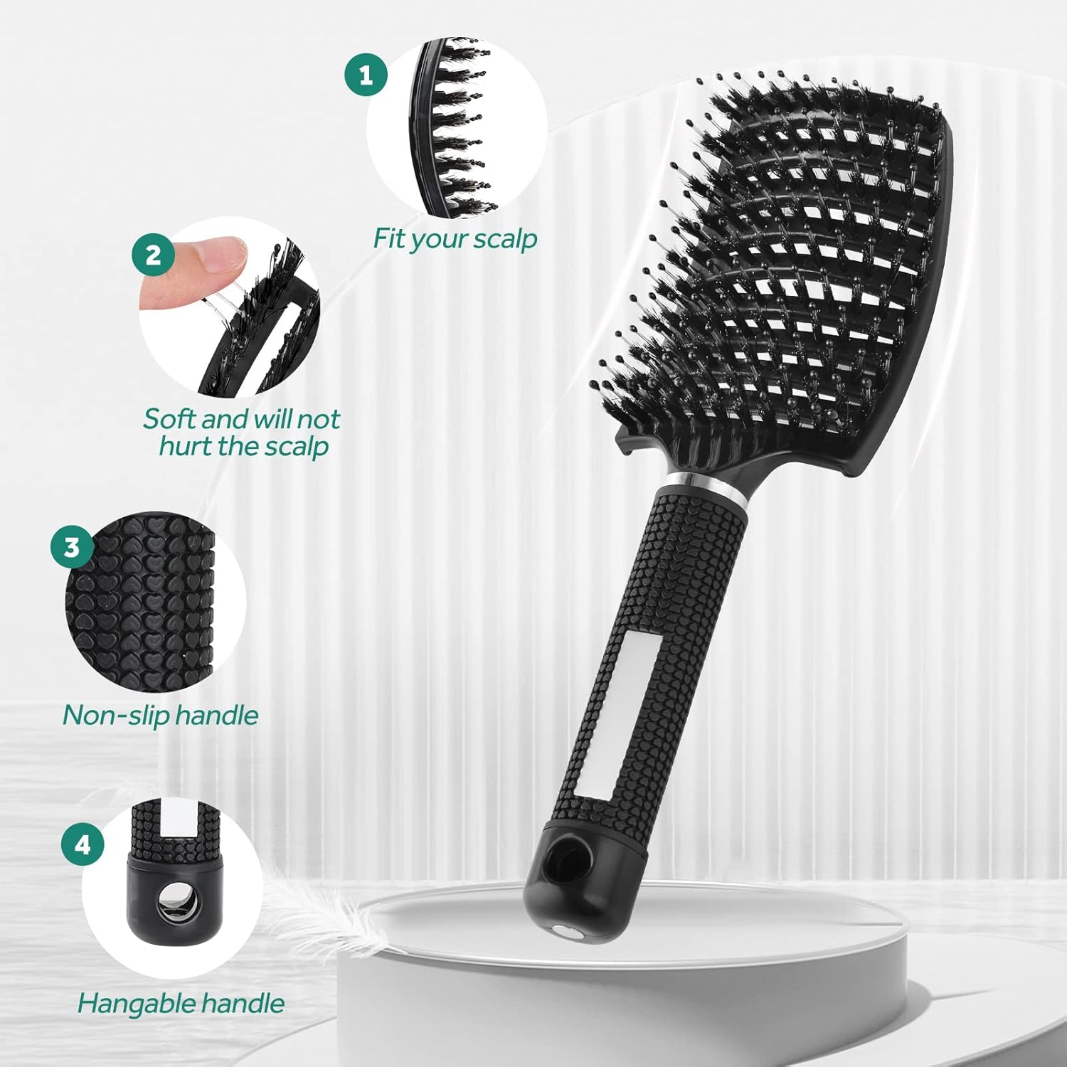 Geeric Hair Brush, Boar Bristle Hair Brushes for Women Men Kids Paddle Detangler Hair Brush Curved Vent Styling Hairbrush for Wet Dry Curly Thick Hair Smoothing Massaging Detangling Black image number 2