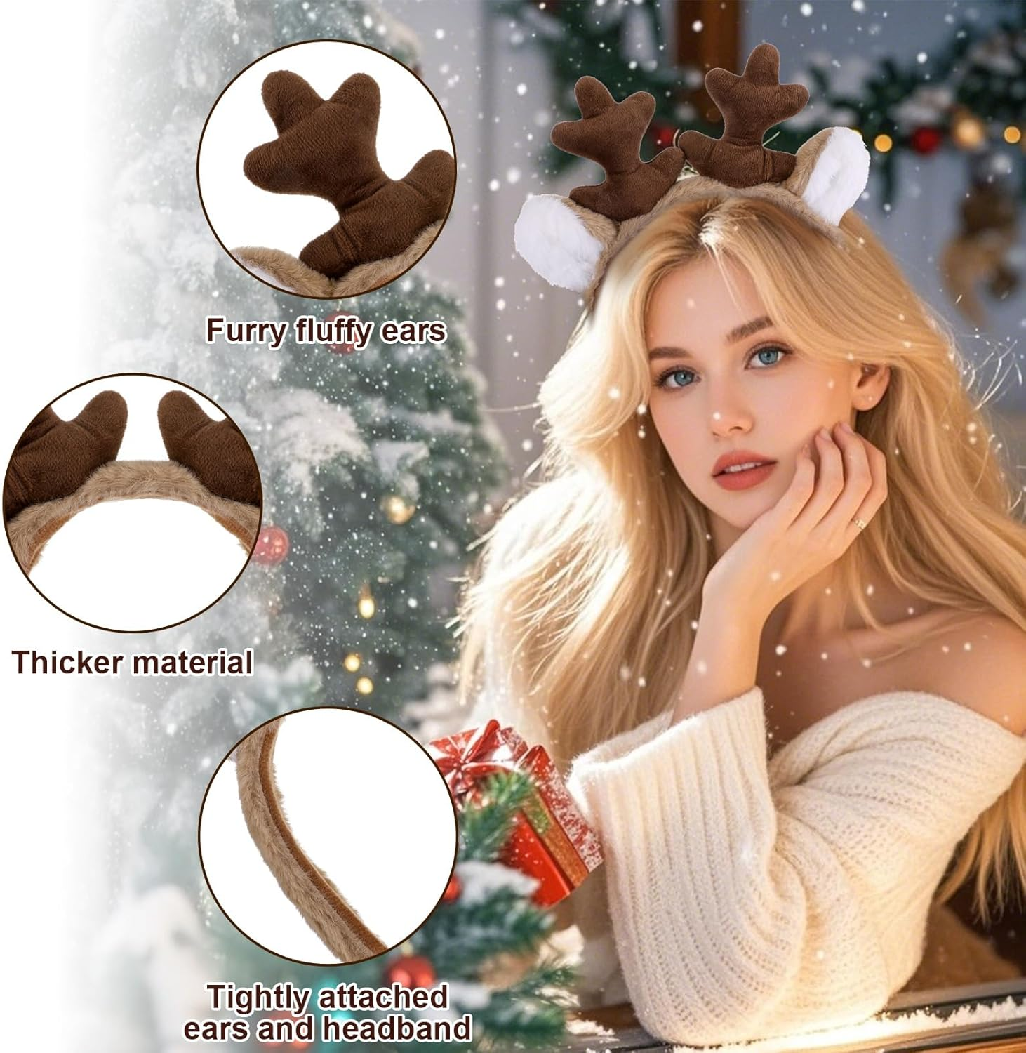 Qianyu Reindeer Antlers Headband Animal Ears Hairband Fluffy Deer Antler Hair Accessories for Party Cosplay Costume Christmas Halloween