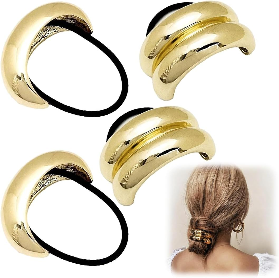 VIVIIHOO Pack of 4 Elastic Hair Bands Hair Accessories Women &ndash; Golden Metal Hair Bobbles for Women and Girls &ndash; Black Hair Scrunchie Gold &ndash; Thick Thin Curly &ndash; Gift Idea
