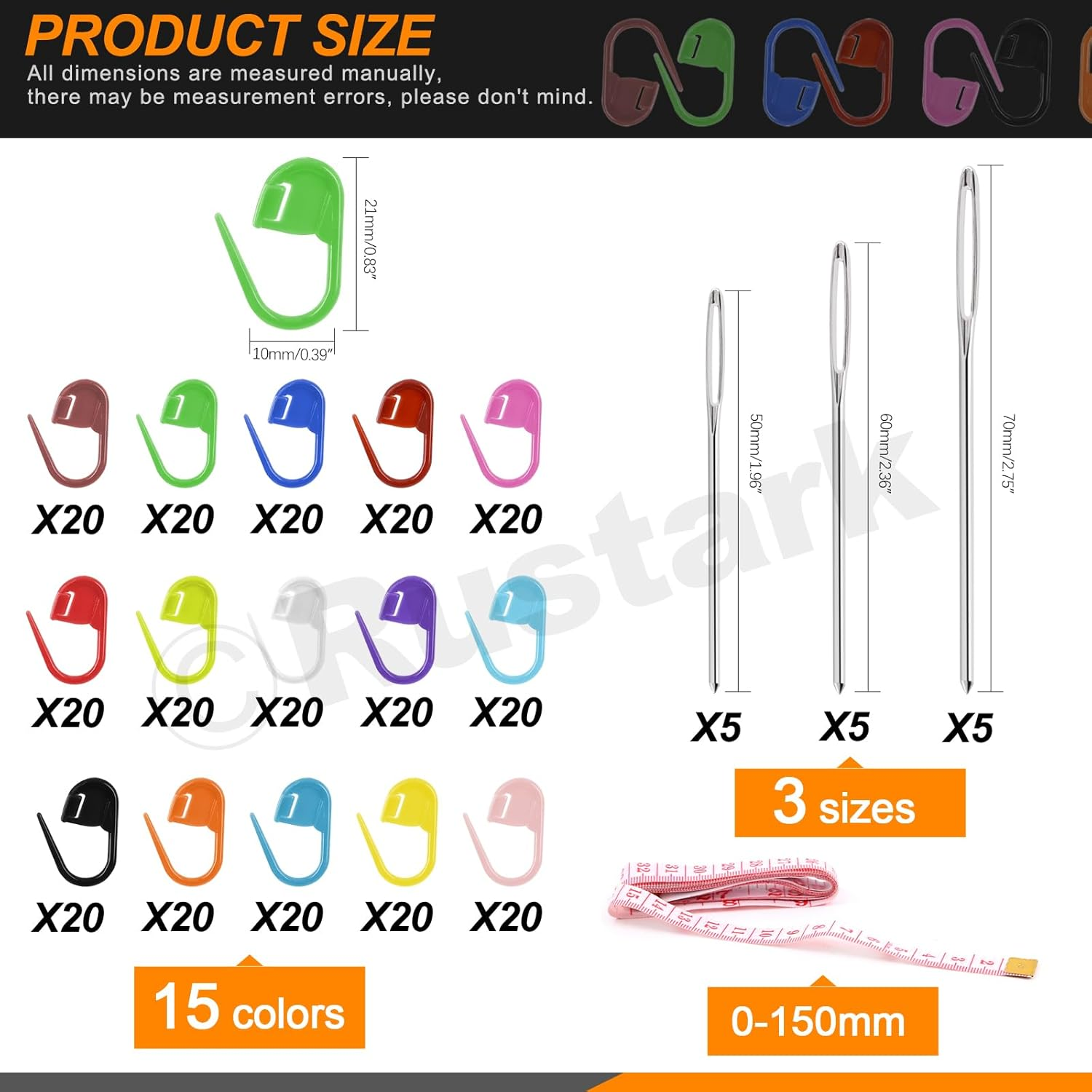 Rustark 316Pcs Colorful Stitch Markers and Big Eye Blunt Sewing Needles Assortment Kit with Soft Tape Measure, Locking Stitch Markers Set for Pattern Marking Yarn Knitting Crocheting DIY Projects image number 6