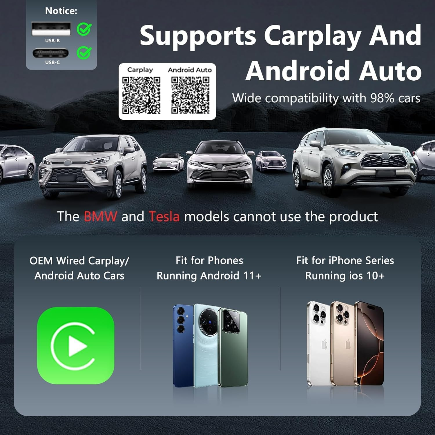 Wireless Carplay Adapterand Android Auto Adapter 2-In-1 Convert Wired to Wireless Carplay Dongle, Mini Size,Plug & Play for Factory Carplay Cars,Fast Auto Connect image number 1